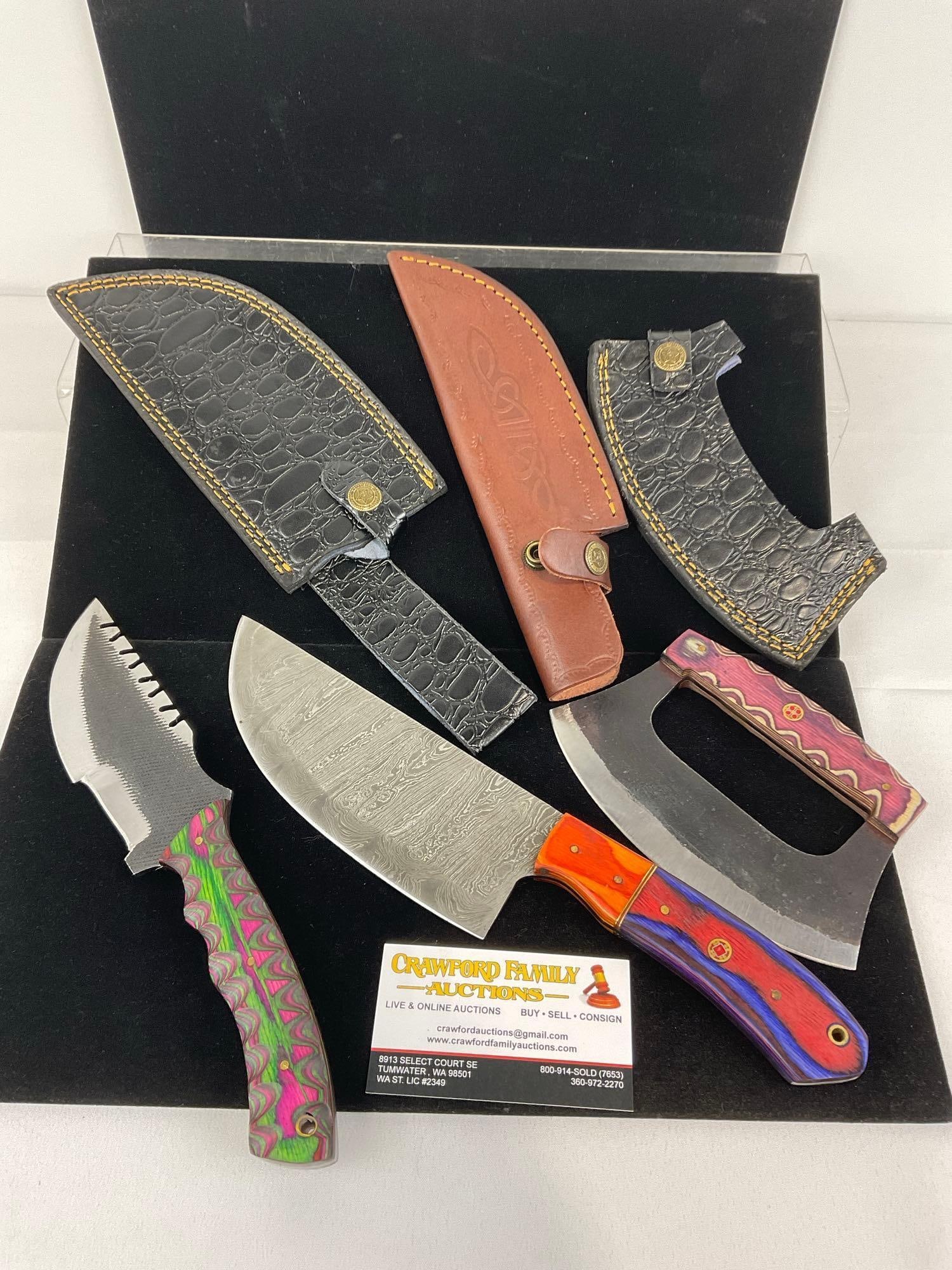 3 Unique Handmade Knives, Cleaver, One Handed Rocker, & Tracker Knife w/Custom Handles & Sheaths: Appears to be in good shape. The piece measures approx 14h x 6w x 4d inches. See pics. E-3440