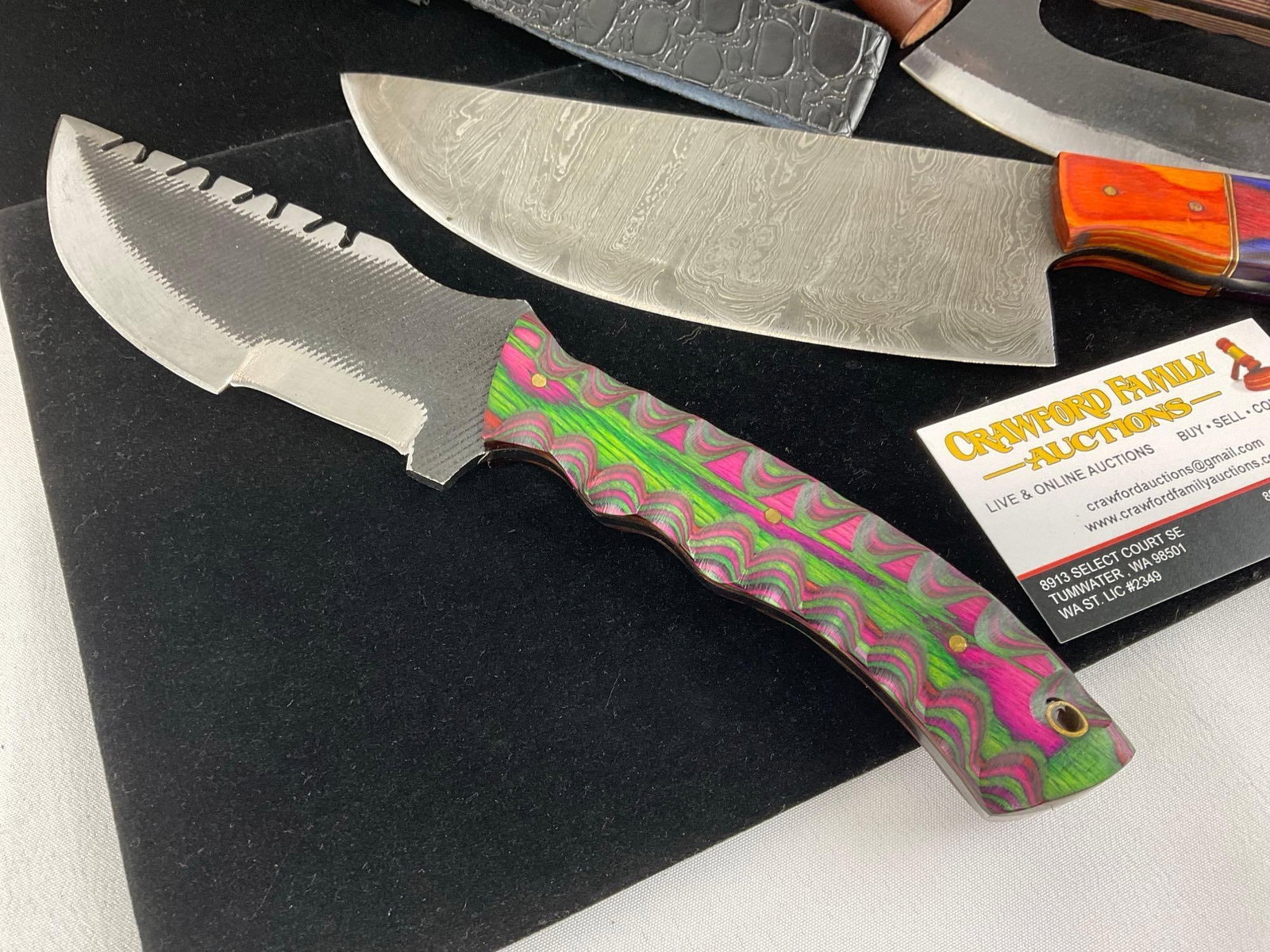3 Unique Handmade Knives, Cleaver, One Handed Rocker, & Tracker Knife w/Custom Handles & Sheaths - 2