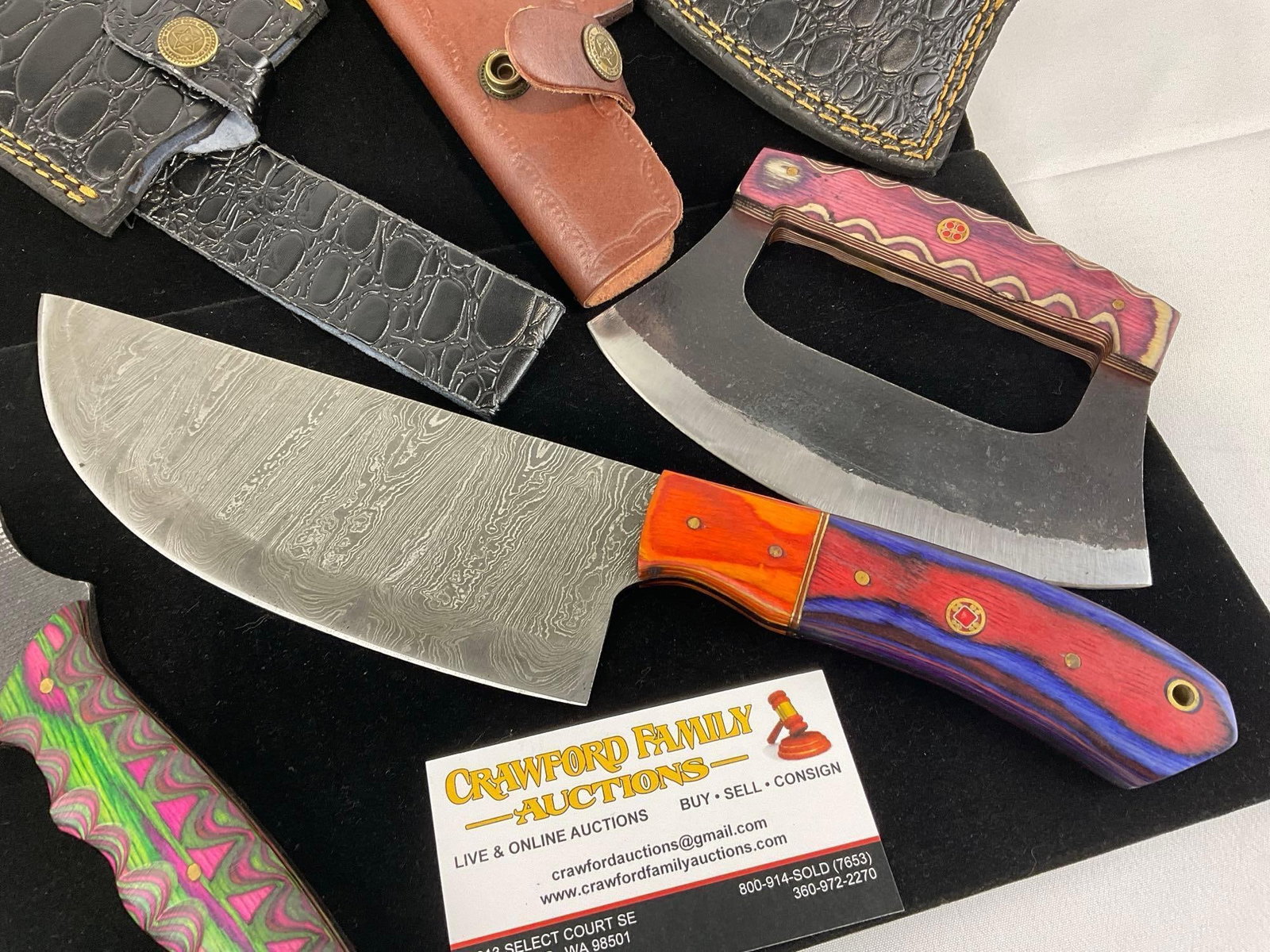 3 Unique Handmade Knives, Cleaver, One Handed Rocker, & Tracker Knife w/Custom Handles & Sheaths - 3