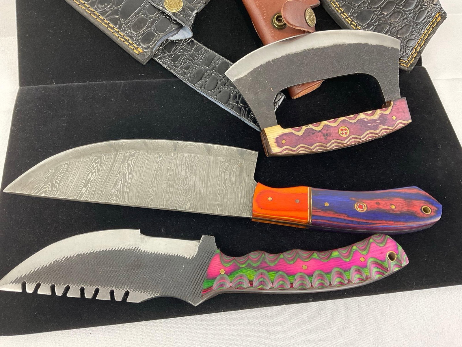 3 Unique Handmade Knives, Cleaver, One Handed Rocker, & Tracker Knife w/Custom Handles & Sheaths - 4