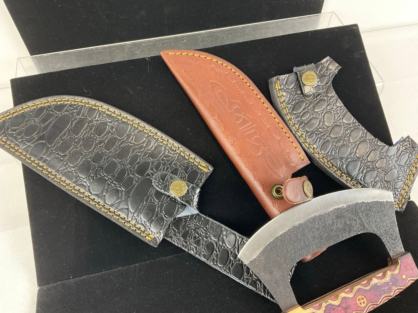 3 Unique Handmade Knives, Cleaver, One Handed Rocker, & Tracker Knife w/Custom Handles & Sheaths - 5