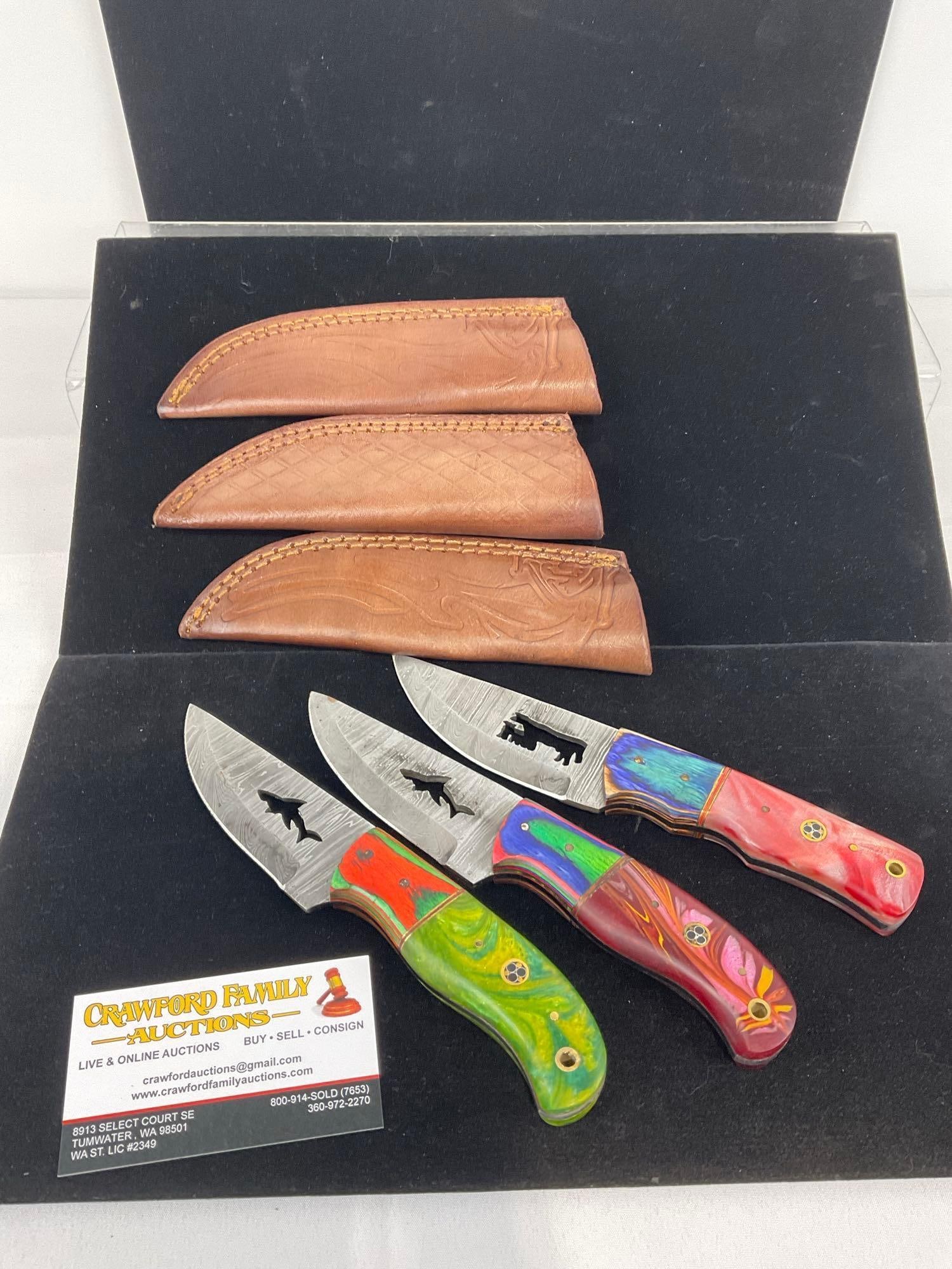3 Handmade Knives, w/cutout designs, Multicolor Tinted Wood & Resin Custom Handles & Leather Shea...: Appears to be in good shape. The piece measures approx 12h x 4w x 4d inches. See pics. E-3440