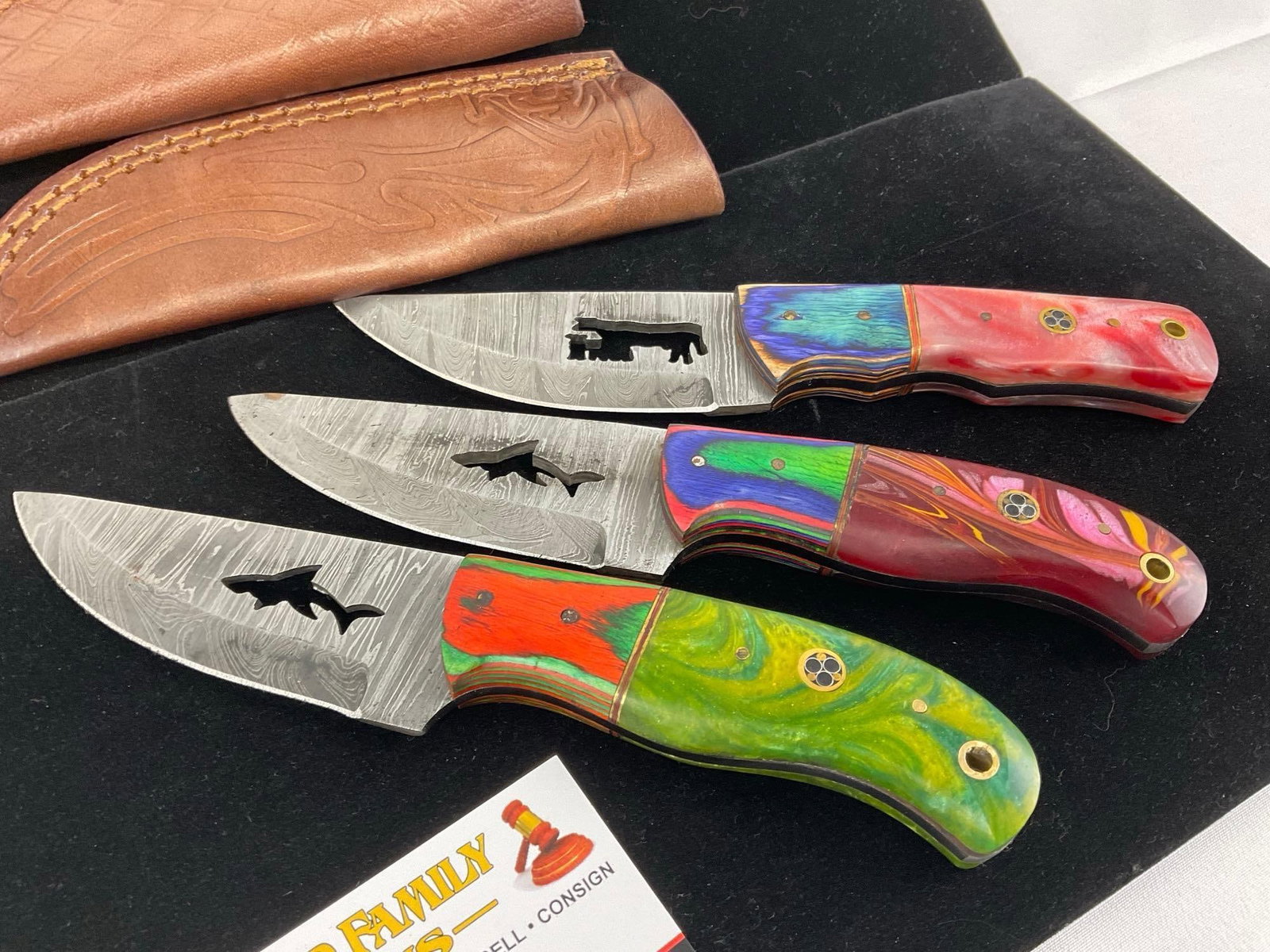 3 Handmade Knives, w/cutout designs, Multicolor Tinted Wood & Resin Custom Handles & Leather Shea... - 2