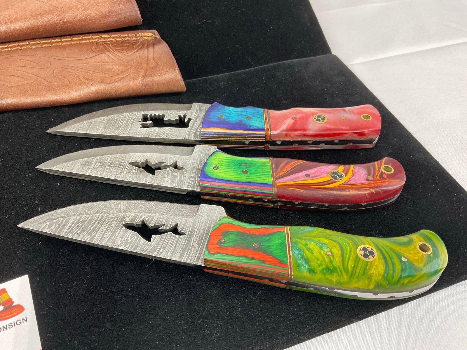 3 Handmade Knives, w/cutout designs, Multicolor Tinted Wood & Resin Custom Handles & Leather Shea... - 3