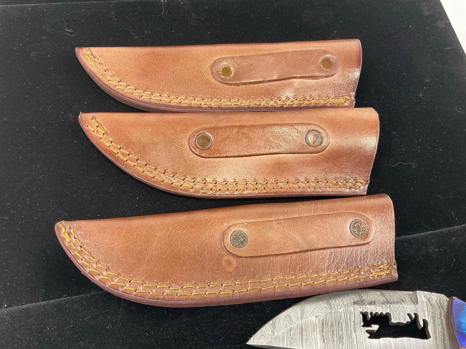 3 Handmade Knives, w/cutout designs, Multicolor Tinted Wood & Resin Custom Handles & Leather Shea... - 4