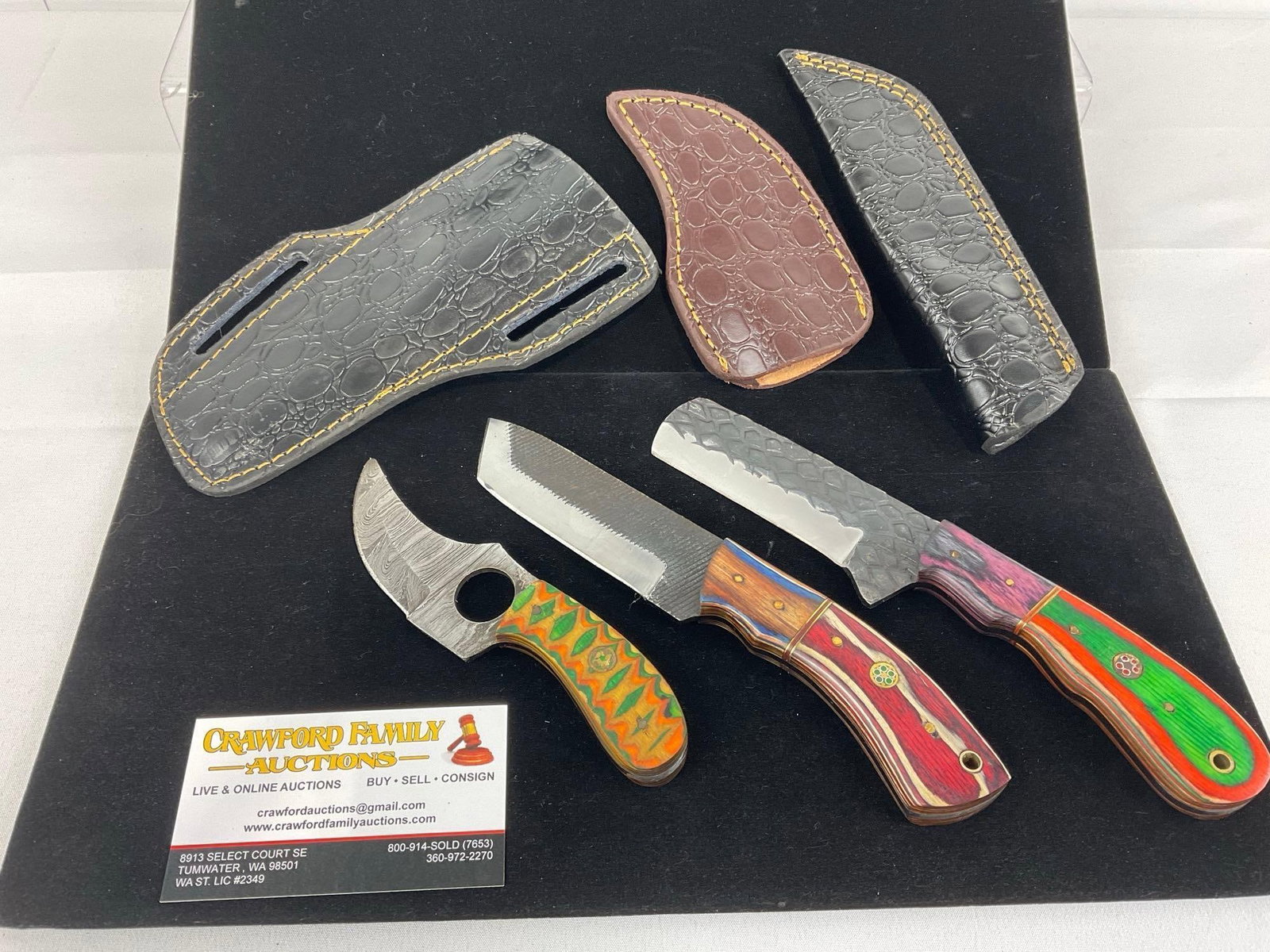 3 Handmade Knives, Thumbhole Knife, & Pair of File Metal Knives, w/Custom Handles & Leather Sheaths: Appears to be in good shape. The piece measures approx 10h x 5w x 4d inches. See pics. E-3440