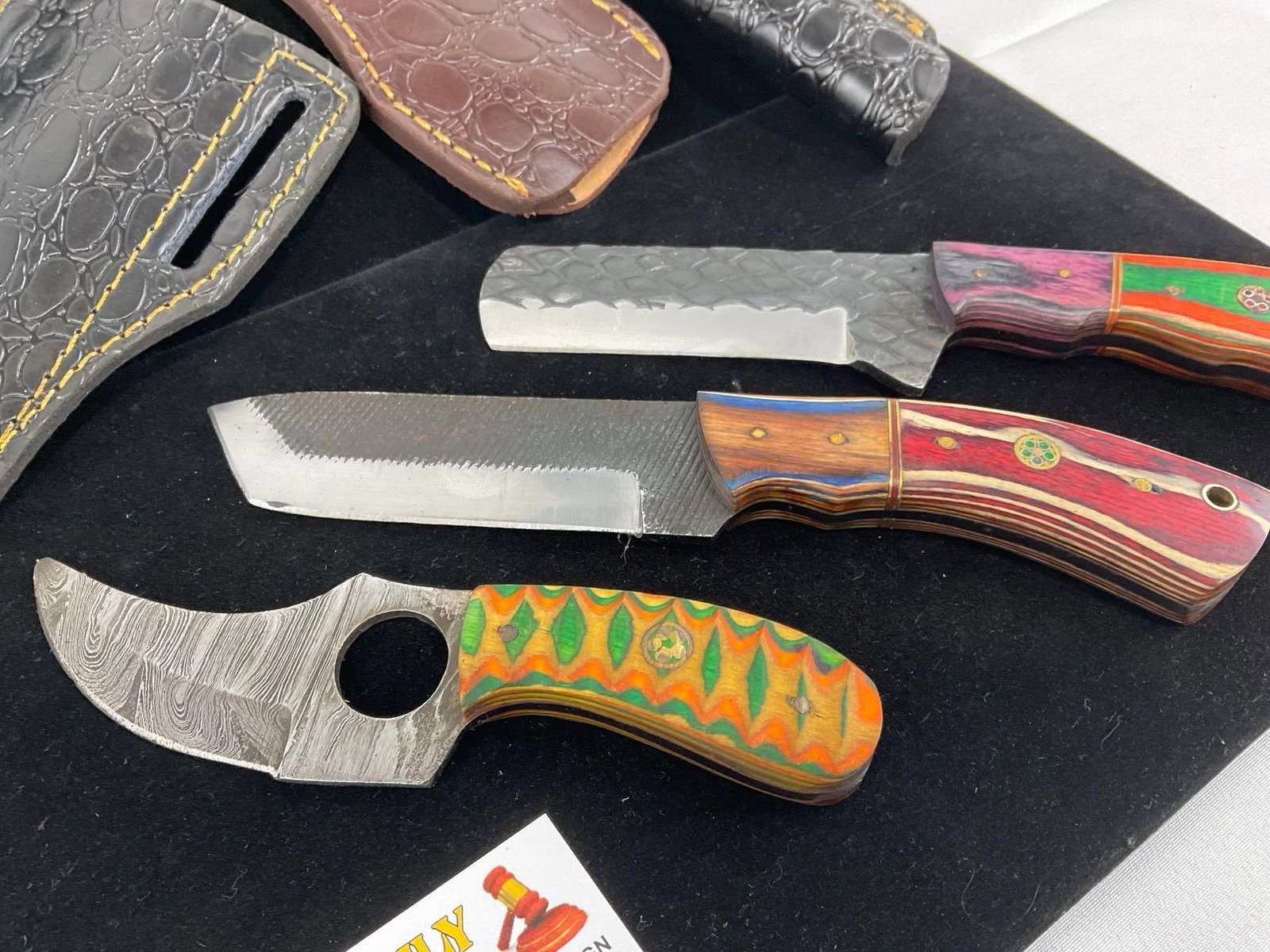 3 Handmade Knives, Thumbhole Knife, & Pair of File Metal Knives, w/Custom Handles & Leather Sheaths - 2