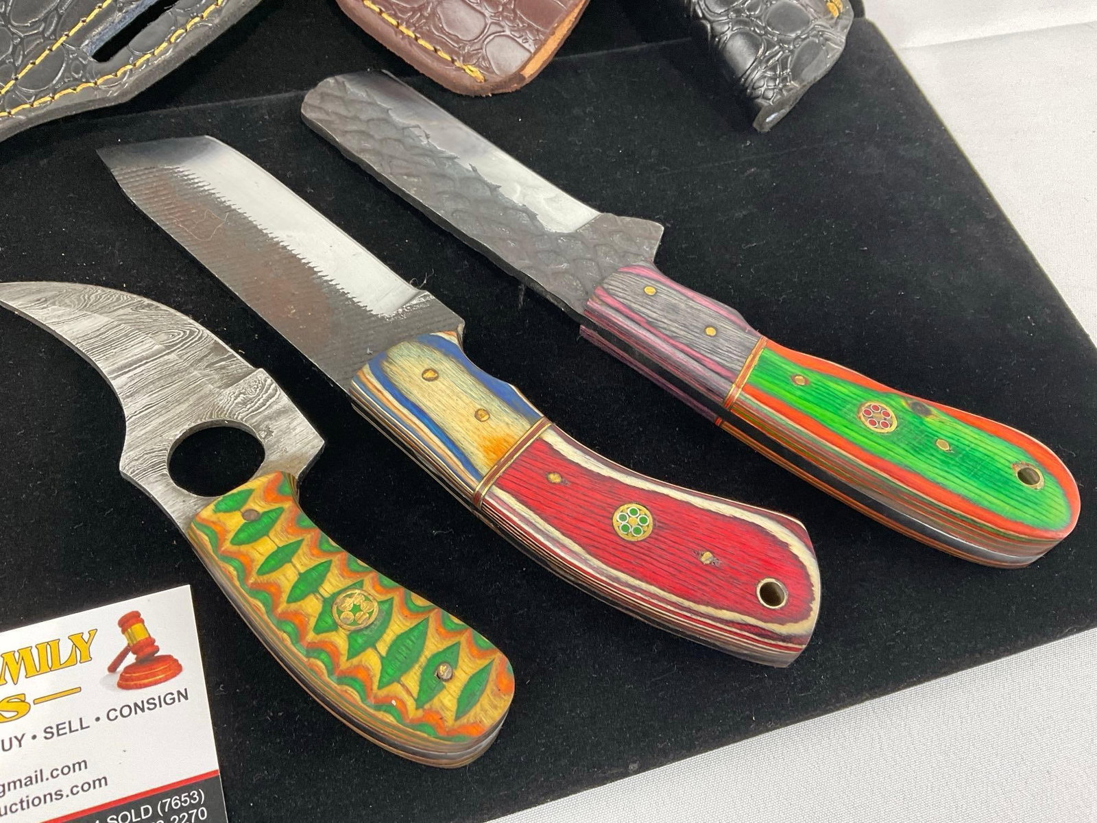 3 Handmade Knives, Thumbhole Knife, & Pair of File Metal Knives, w/Custom Handles & Leather Sheaths - 3