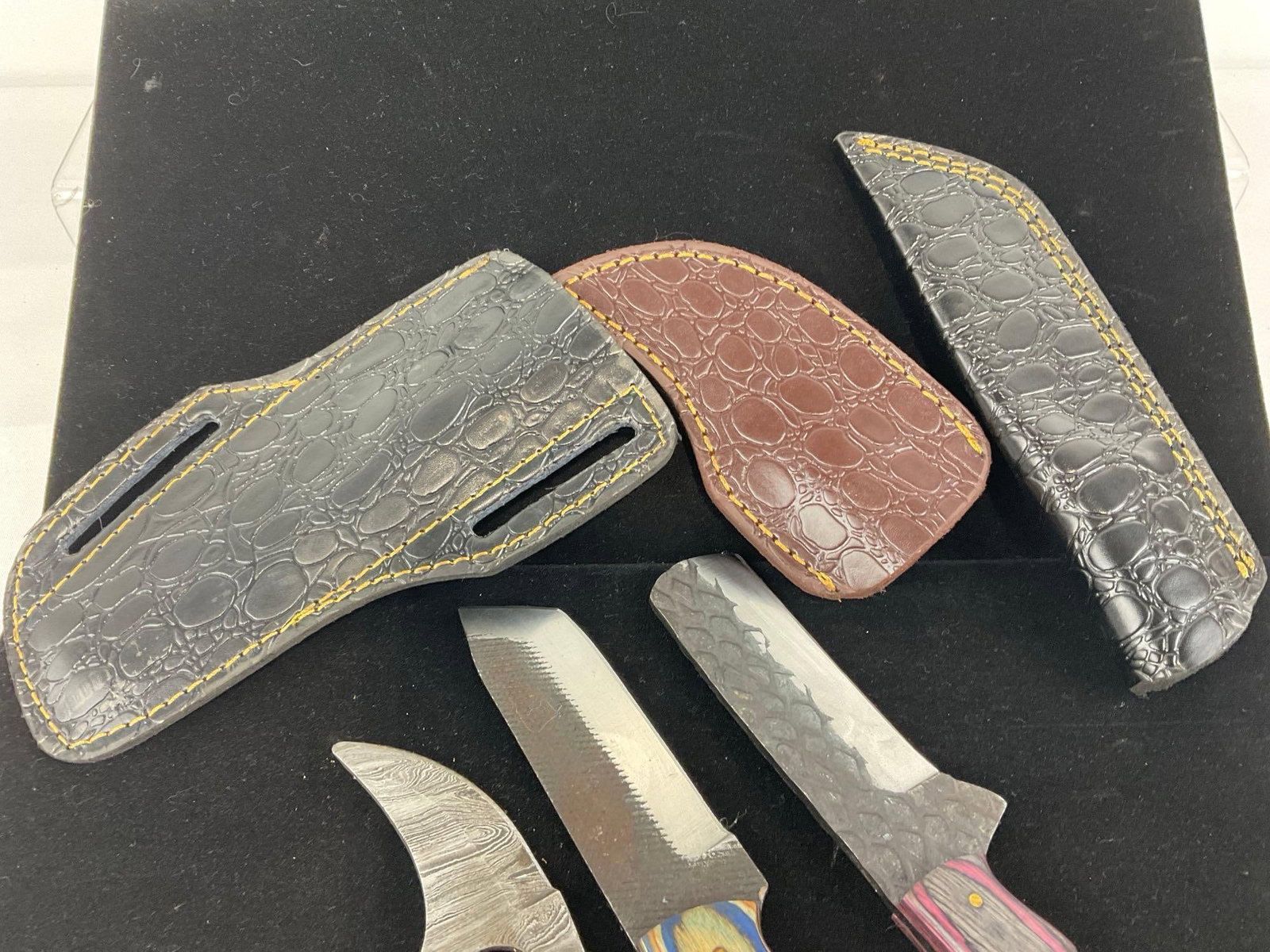 3 Handmade Knives, Thumbhole Knife, & Pair of File Metal Knives, w/Custom Handles & Leather Sheaths - 4
