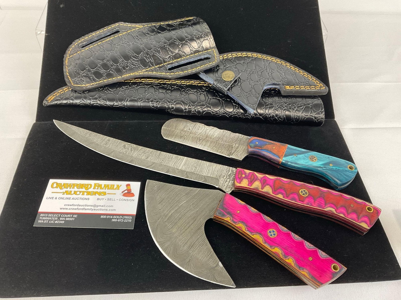 3 Handmade pcs, Filet Knife, Short Chopper & Handaxe, Custom Tinted Wooden Handles & Sheaths: Appears to be in good shape. The piece measures approx 16h x 5w x 4d inches. See pics. E-3440