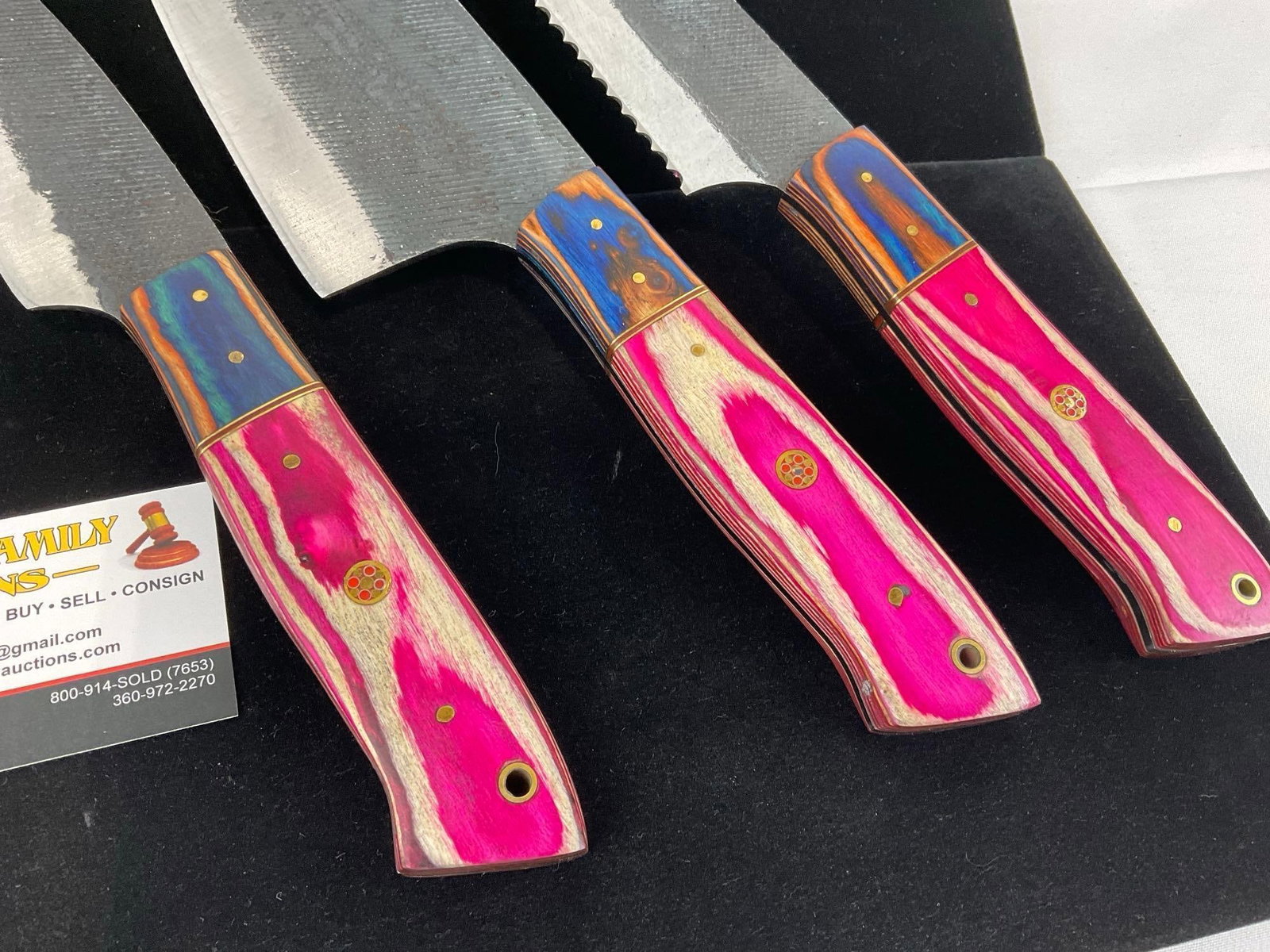Serrated Bread Knife, 6 inch Slicer & Santoku Style w/Matching, Tinted Pink/White/Blue Wood Handles - 2