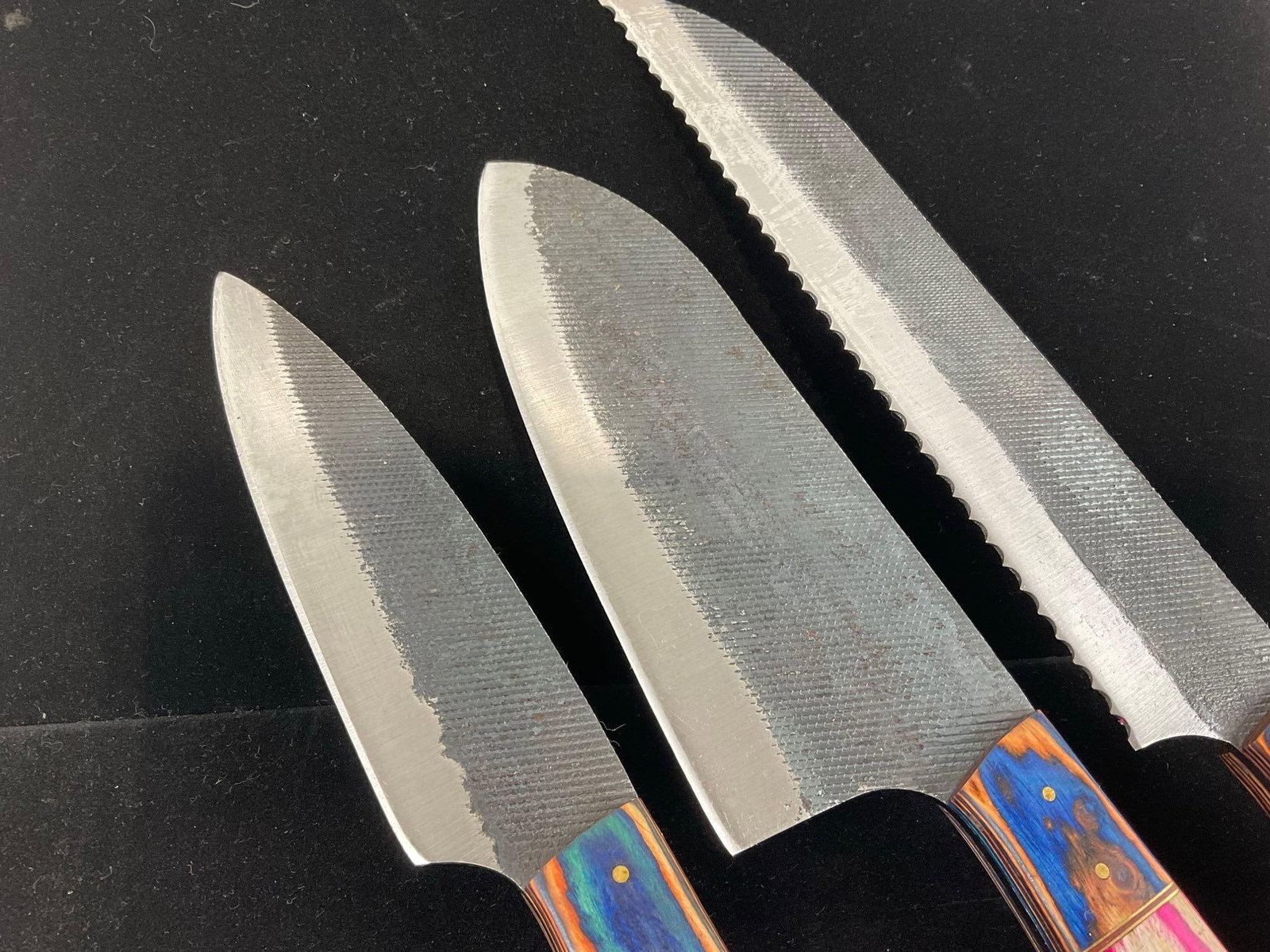 Serrated Bread Knife, 6 inch Slicer & Santoku Style w/Matching, Tinted Pink/White/Blue Wood Handles - 3
