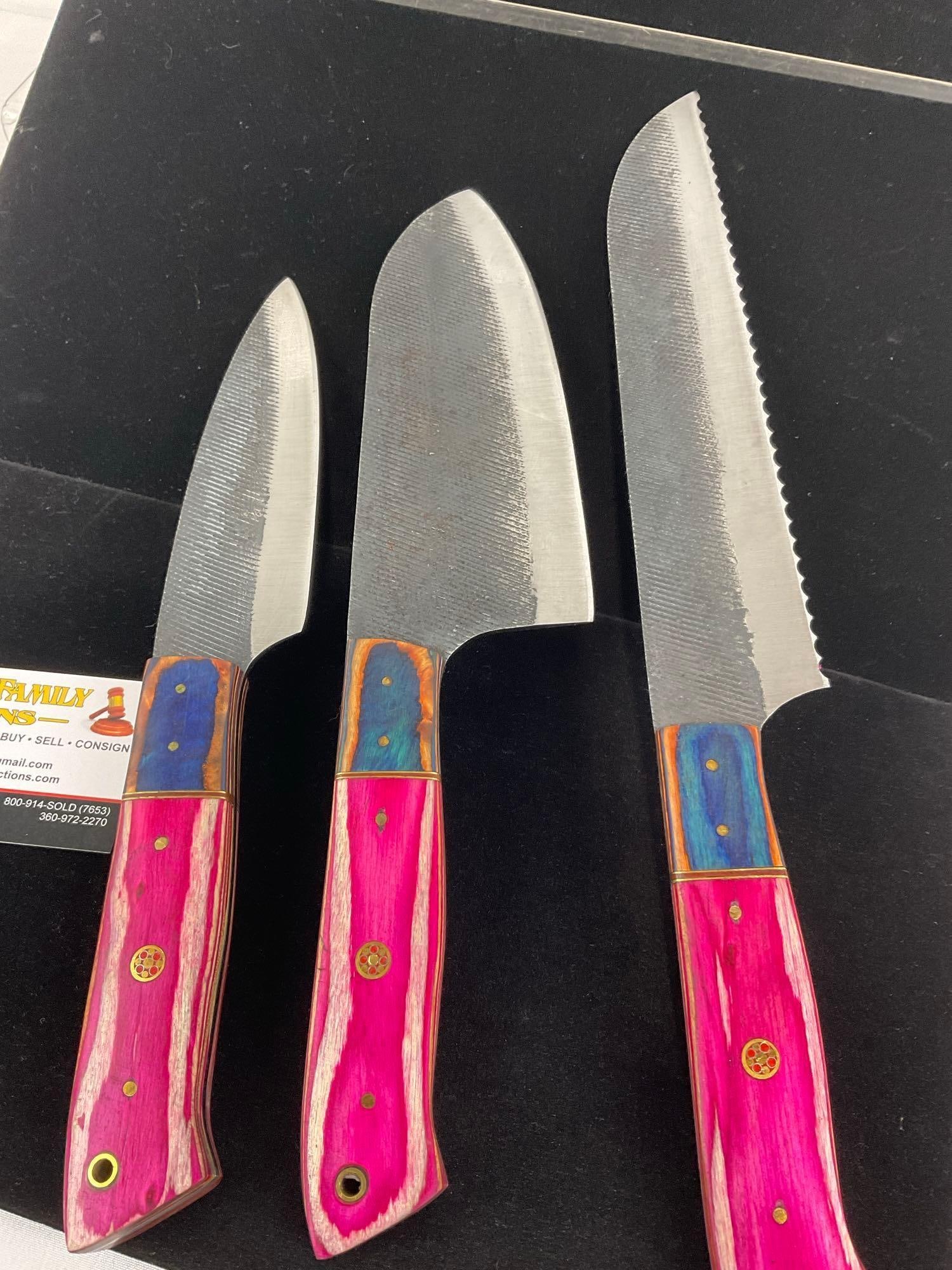 Serrated Bread Knife, 6 inch Slicer & Santoku Style w/Matching, Tinted Pink/White/Blue Wood Handles - 4