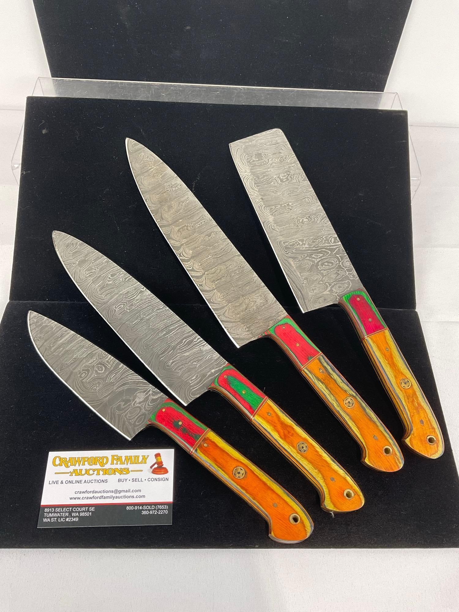 Set of 4 Handmade Kitchen Knives, Chopper, Flat Edge, 9 & 10 inch Chef Knives w/Tinted Wood Handles (1 of 4)