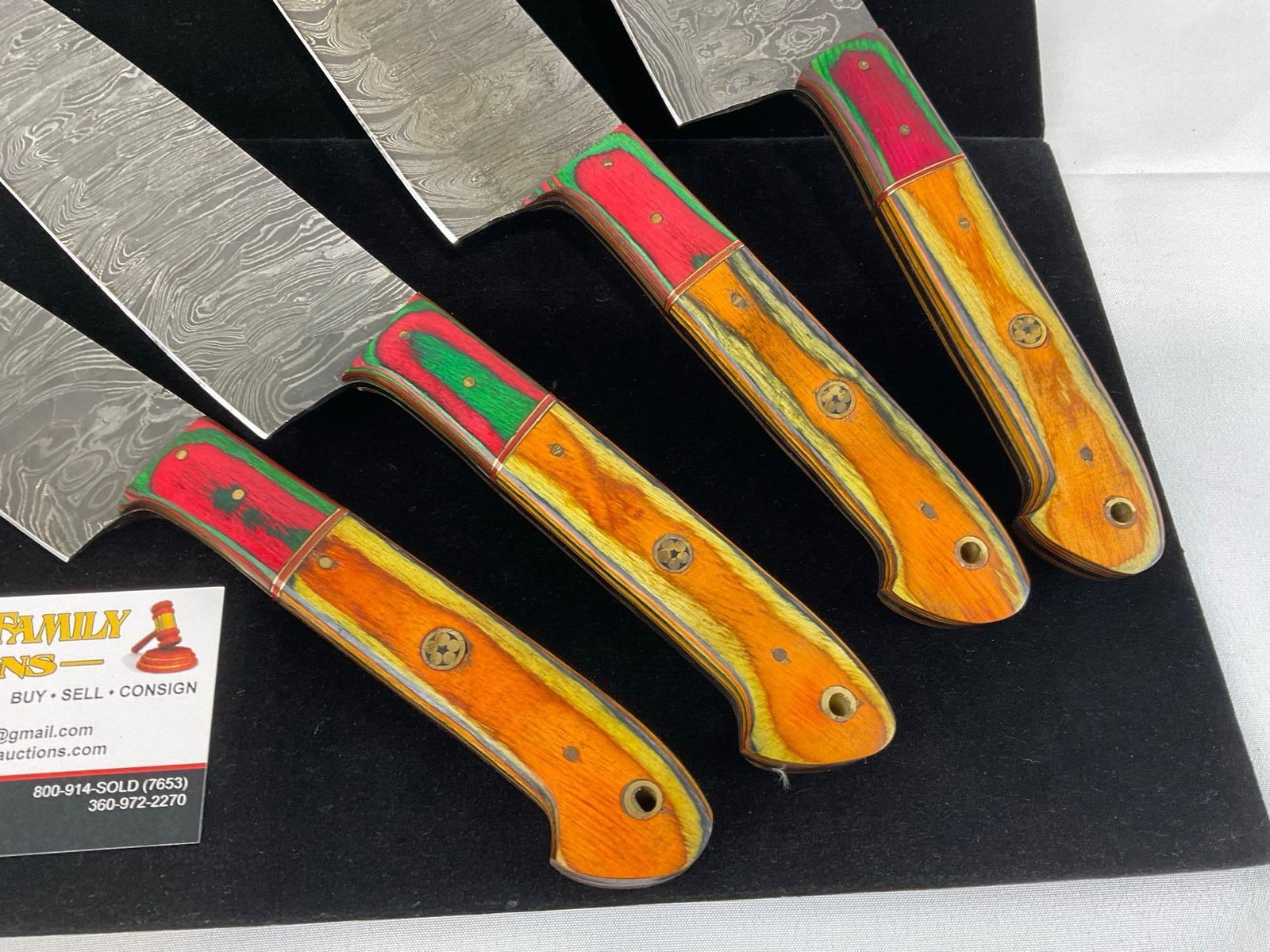 Set of 4 Handmade Kitchen Knives, Chopper, Flat Edge, 9 & 10 inch Chef Knives w/Tinted Wood Handles - 2