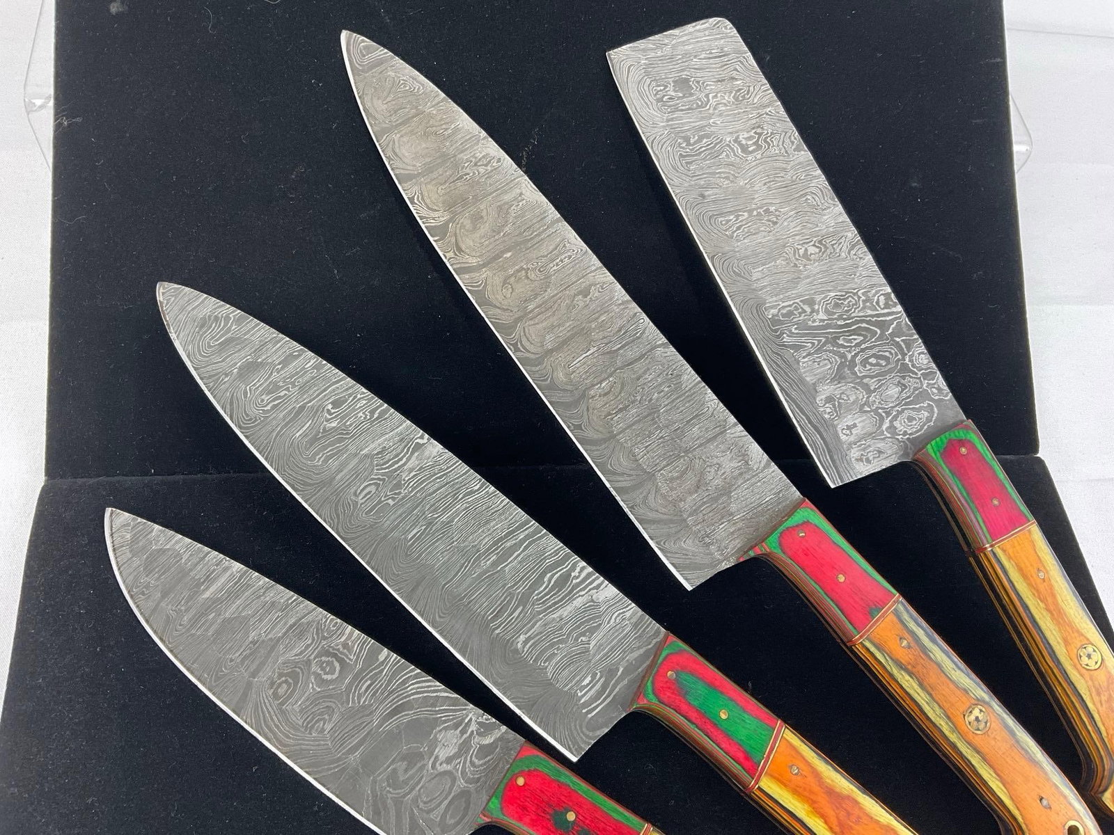 Set of 4 Handmade Kitchen Knives, Chopper, Flat Edge, 9 & 10 inch Chef Knives w/Tinted Wood Handles - 3