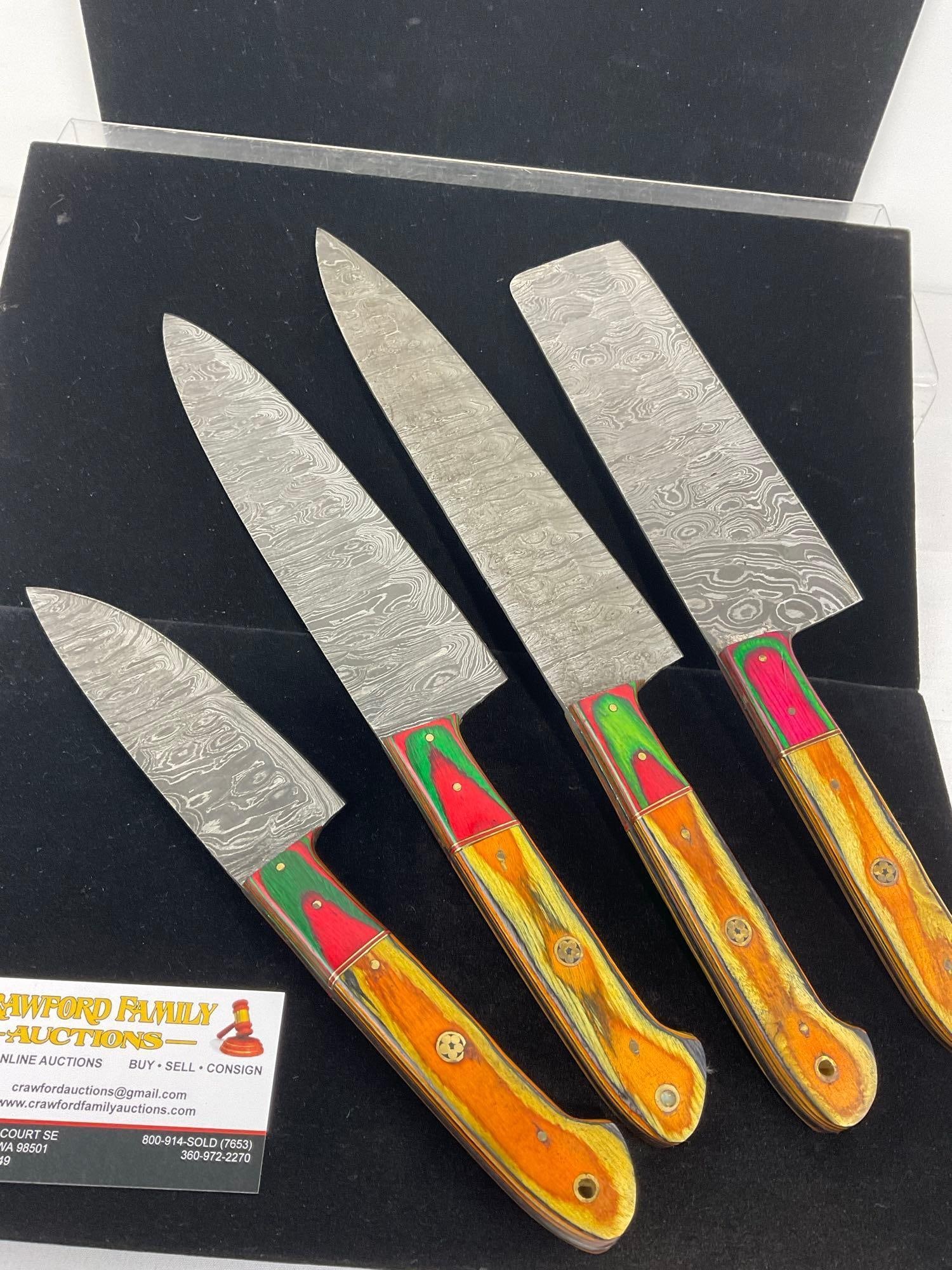 Set of 4 Handmade Kitchen Knives, Chopper, Flat Edge, 9 & 10 inch Chef Knives w/Tinted Wood Handles - 4