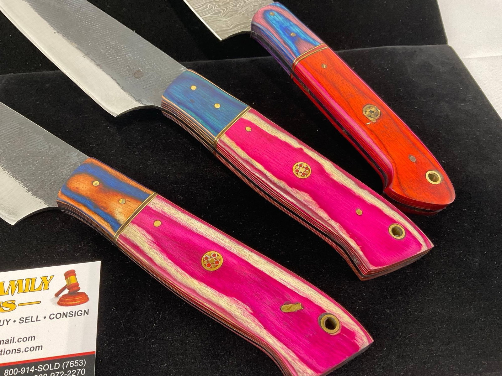 3 Handmade Chefs Knives, w/tinted Wood Handles, 2 File Metal & 1 Damascus Style Blades - 2