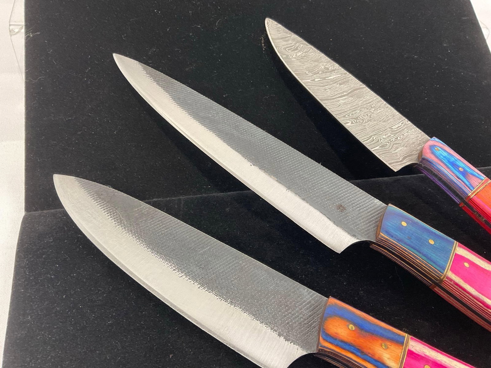 3 Handmade Chefs Knives, w/tinted Wood Handles, 2 File Metal & 1 Damascus Style Blades - 3