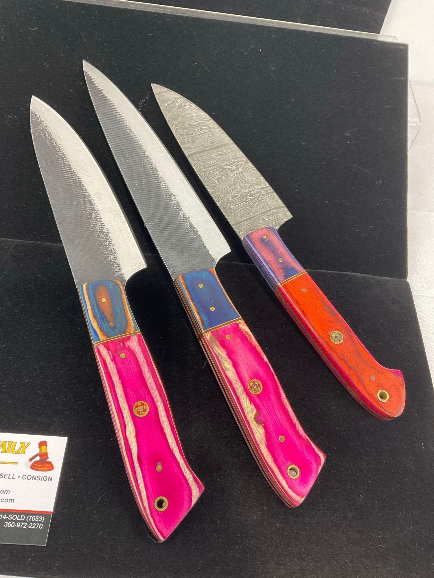 3 Handmade Chefs Knives, w/tinted Wood Handles, 2 File Metal & 1 Damascus Style Blades - 4