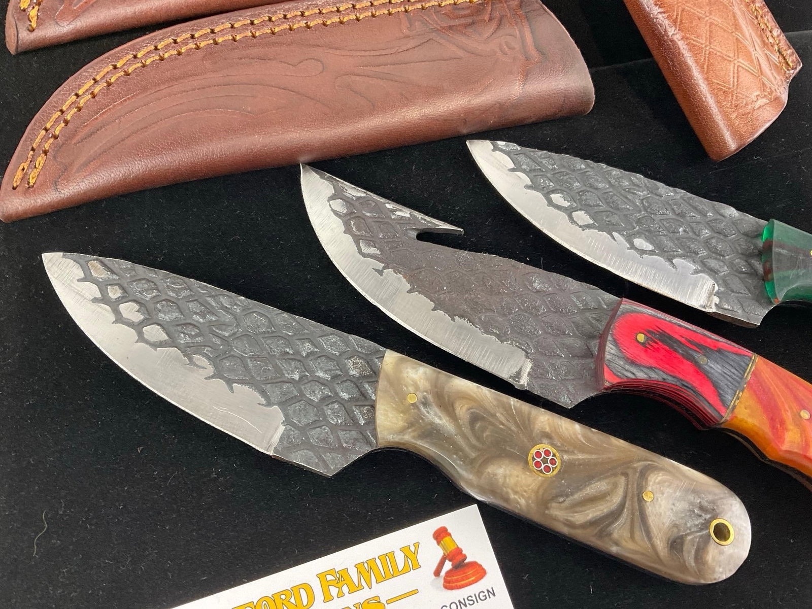 3 File Metal Knives, Handmade w/Colorful Resin Handles, & Leather Sheaths - 2