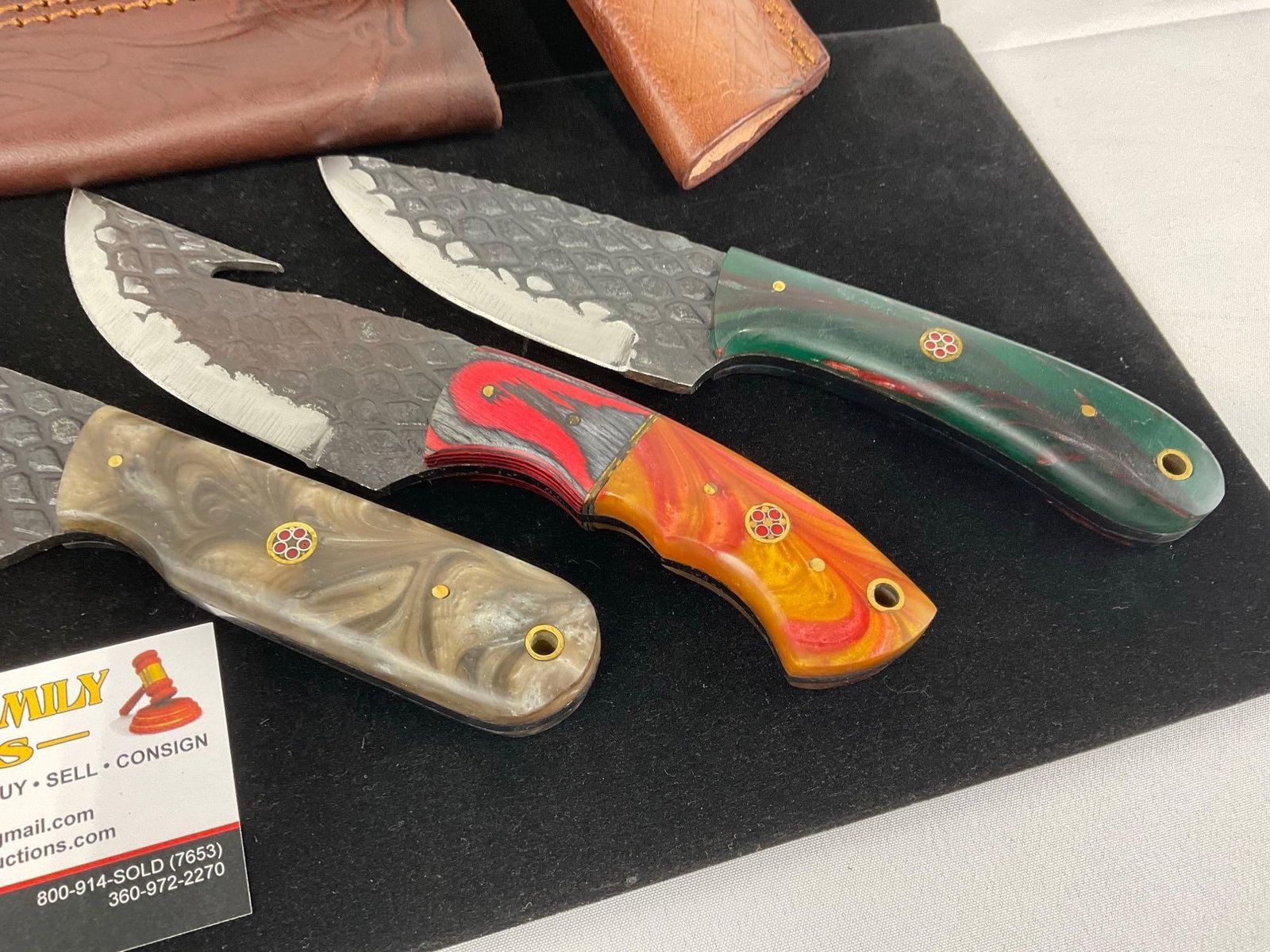 3 File Metal Knives, Handmade w/Colorful Resin Handles, & Leather Sheaths - 3