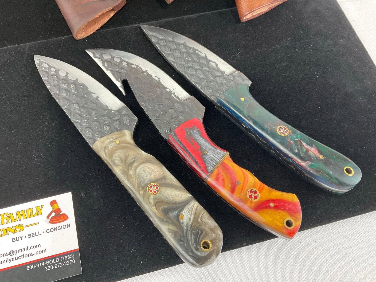 3 File Metal Knives, Handmade w/Colorful Resin Handles, & Leather Sheaths - 4