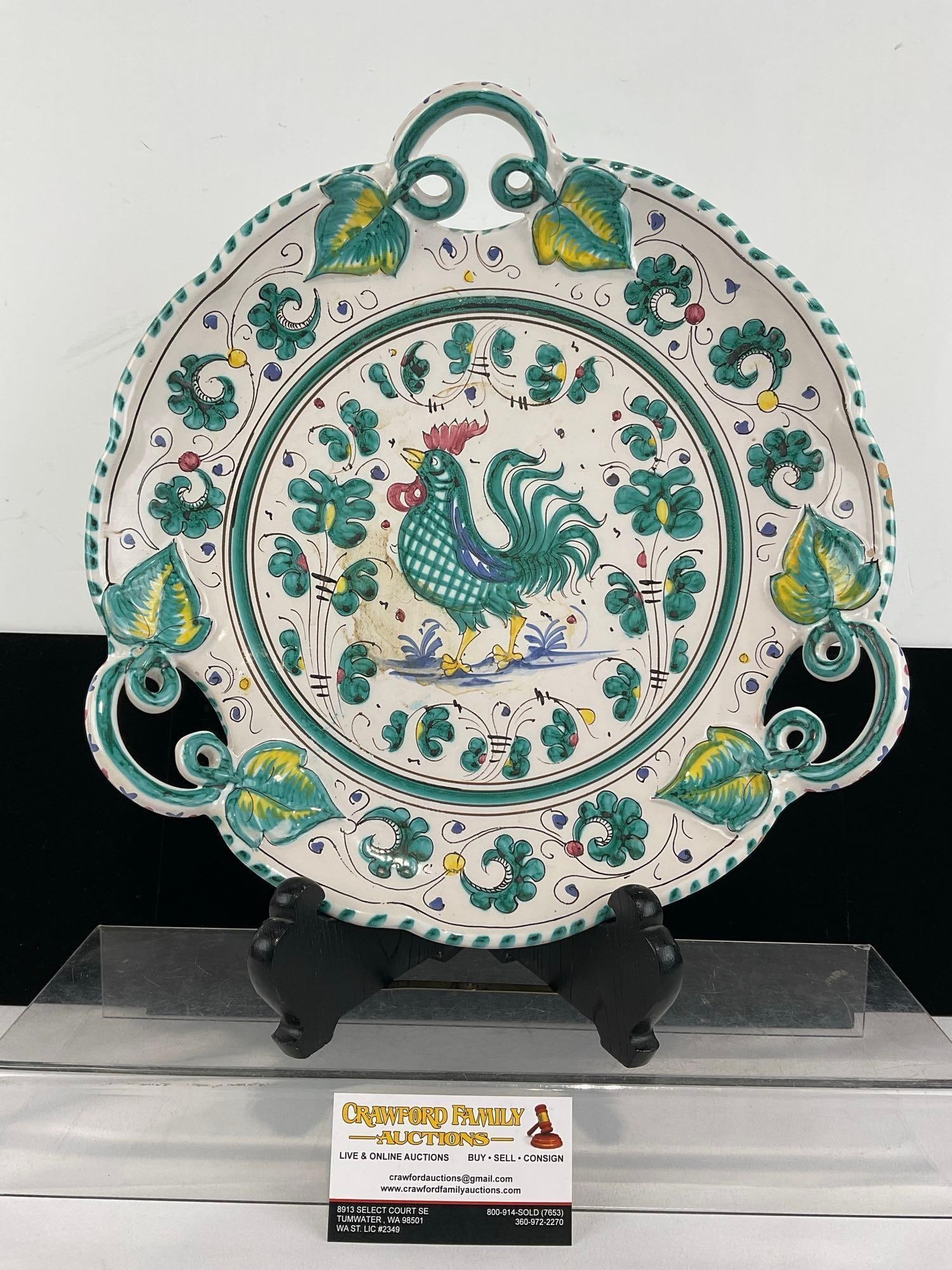 Handpainted Cama Deruta Italy Porcelain Plate, Green Rooster & Ivy design, 4h x 14w x 14d inches: Appears to be in good shape. The piece measures approx 4h x 14w x 14d inches. See pics. E-5860