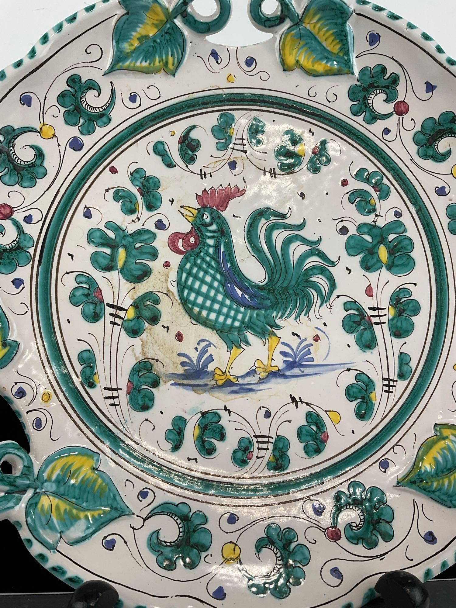 Handpainted Cama Deruta Italy Porcelain Plate, Green Rooster & Ivy design, 4h x 14w x 14d inches - 2