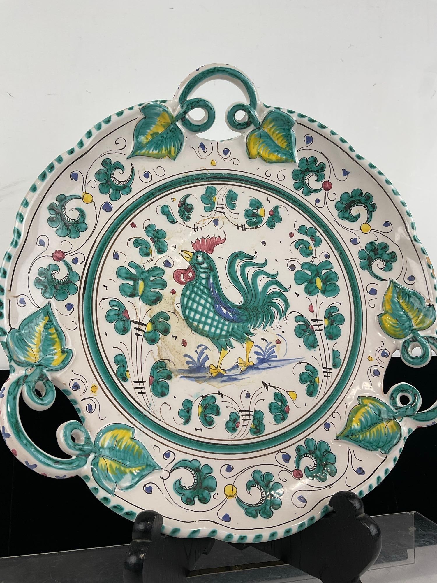 Handpainted Cama Deruta Italy Porcelain Plate, Green Rooster & Ivy design, 4h x 14w x 14d inches - 3