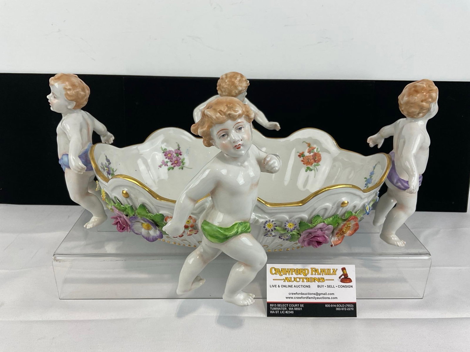 Antique German Von Schierholz 4 Cherub Centerpiece Porcelain Bowl, 8h x 16w x 13d inches: Appears to be in good shape. The piece measures approx 8h x 16w x 13d inches. See pics. E-5860