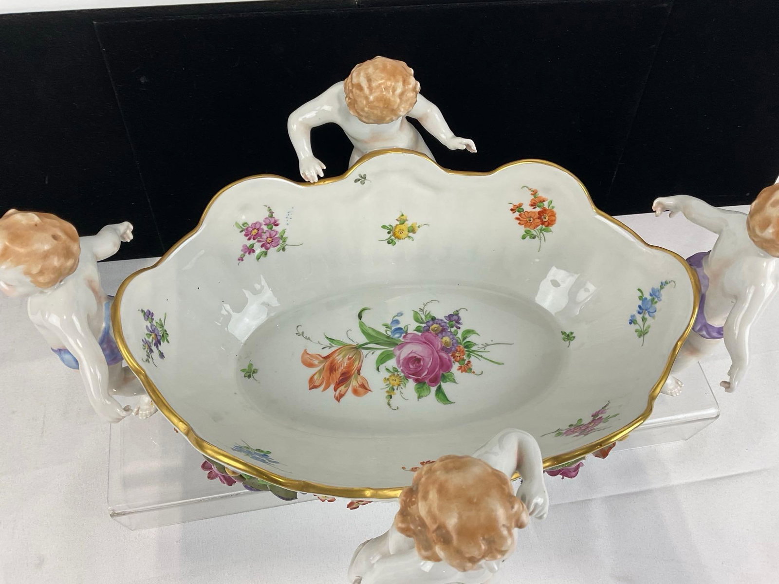Antique German Von Schierholz 4 Cherub Centerpiece Porcelain Bowl, 8h x 16w x 13d inches - 4