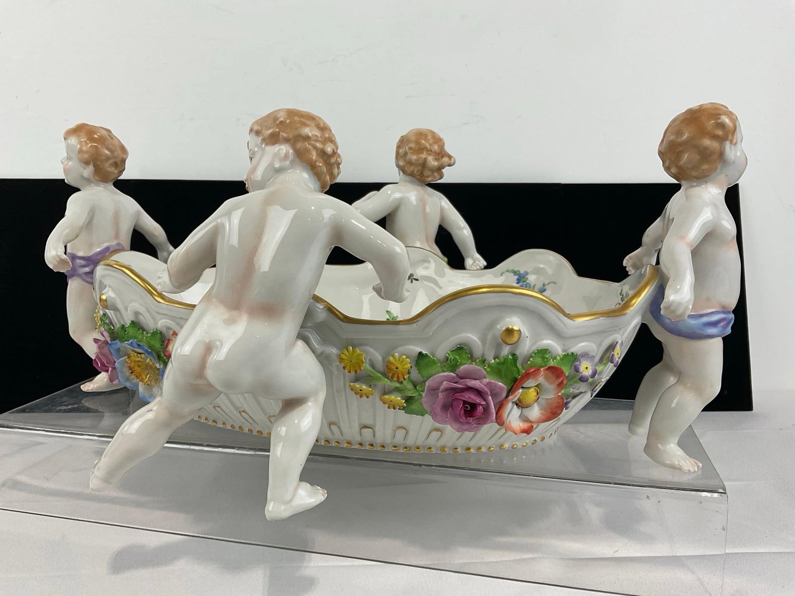 Antique German Von Schierholz 4 Cherub Centerpiece Porcelain Bowl, 8h x 16w x 13d inches - 5