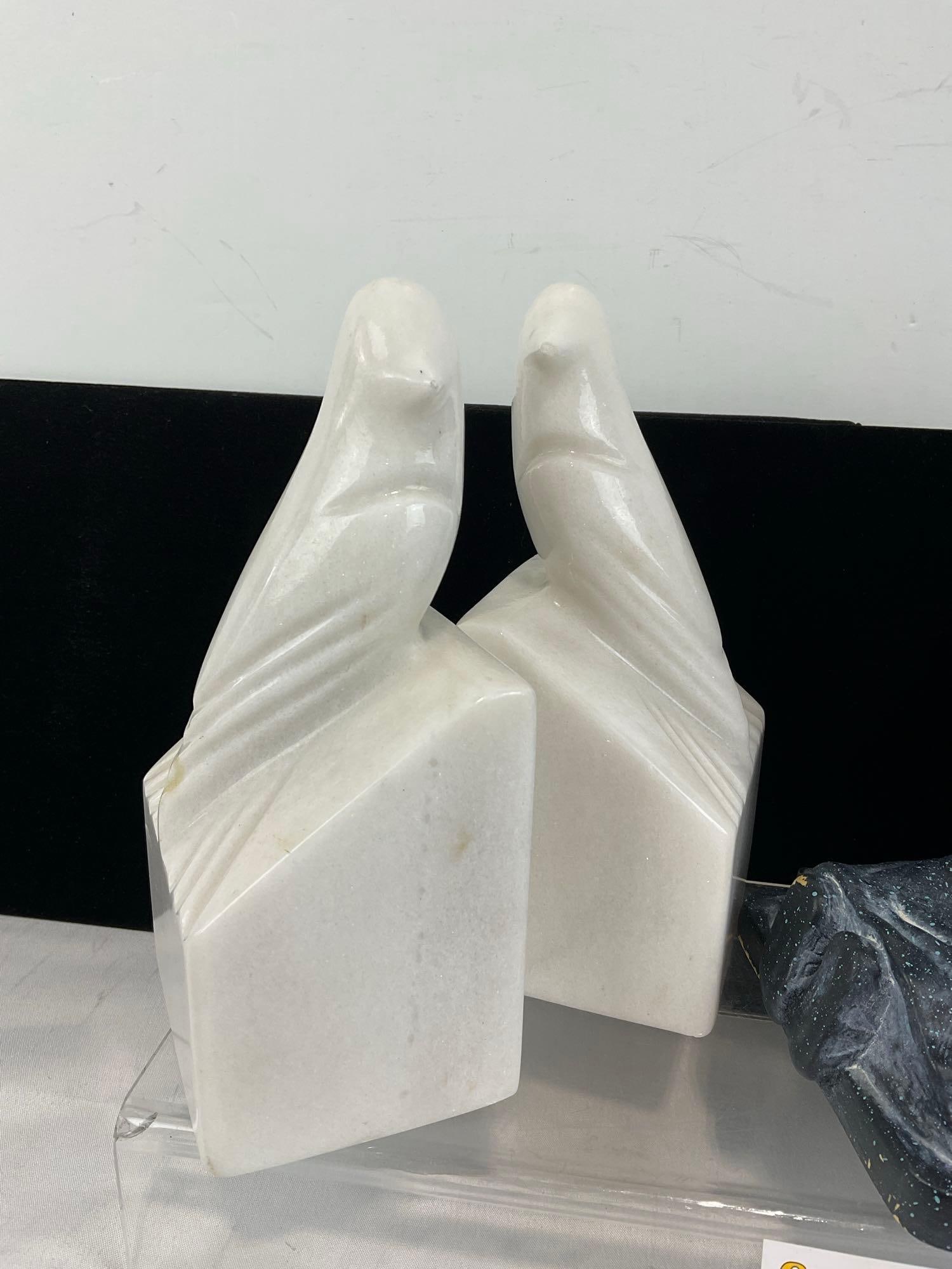 Pair of White Marble Italian Bird Bookends & Pair of Monks Kneeling Composite Bookends - 2