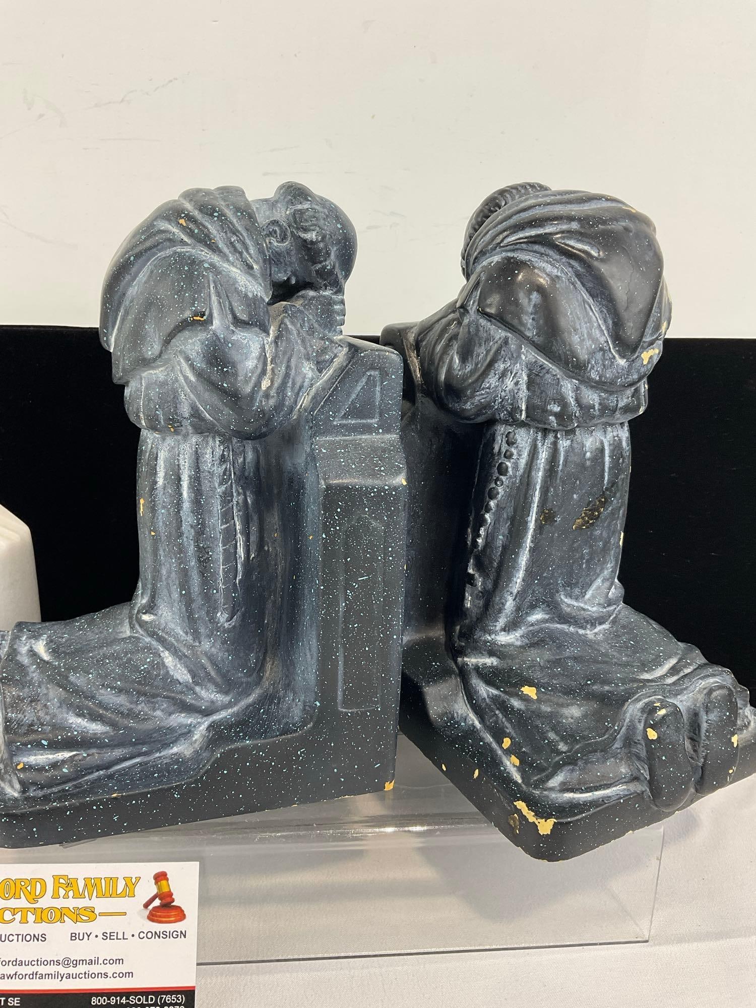 Pair of White Marble Italian Bird Bookends & Pair of Monks Kneeling Composite Bookends - 3