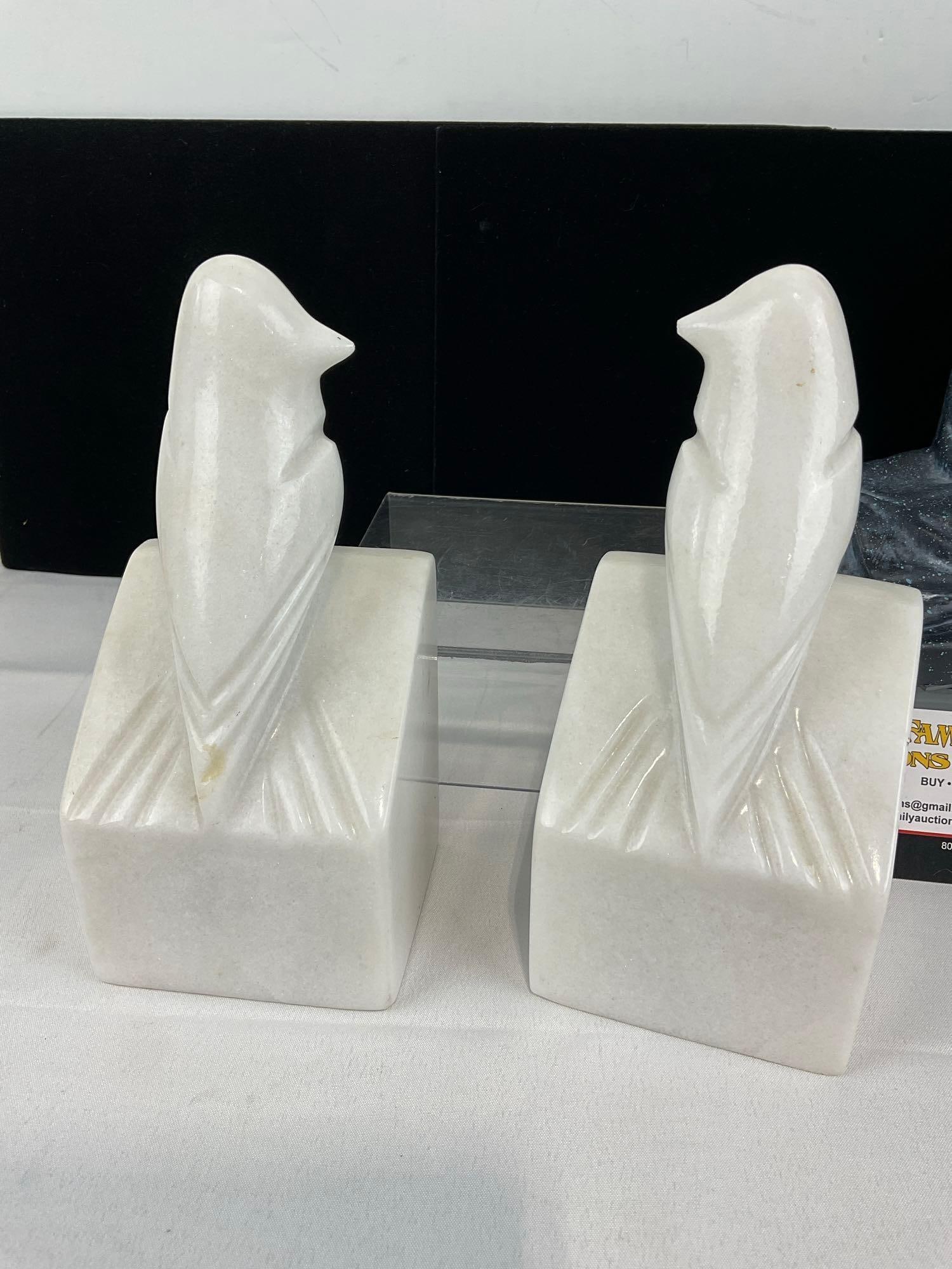 Pair of White Marble Italian Bird Bookends & Pair of Monks Kneeling Composite Bookends - 4