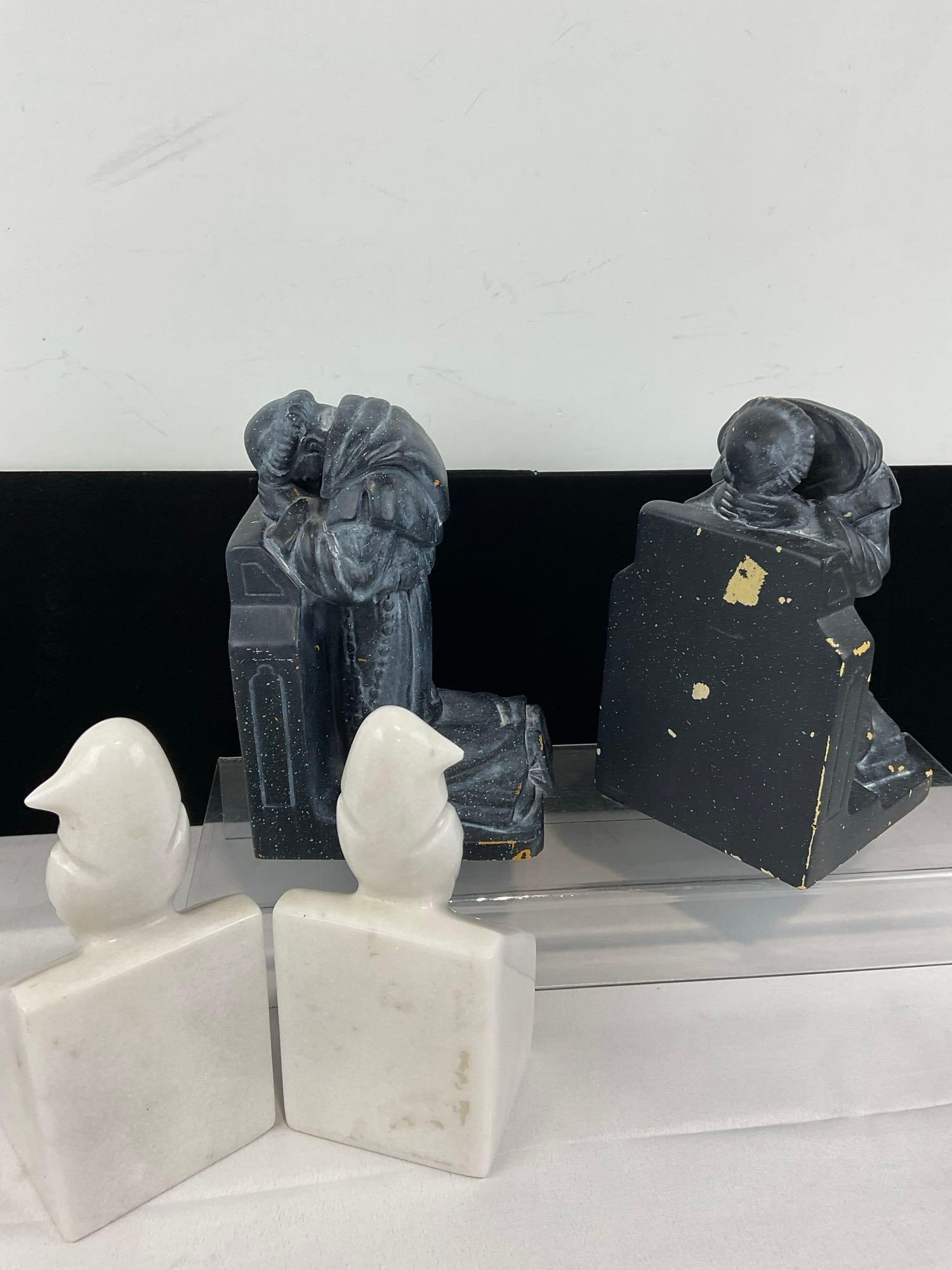 Pair of White Marble Italian Bird Bookends & Pair of Monks Kneeling Composite Bookends - 6