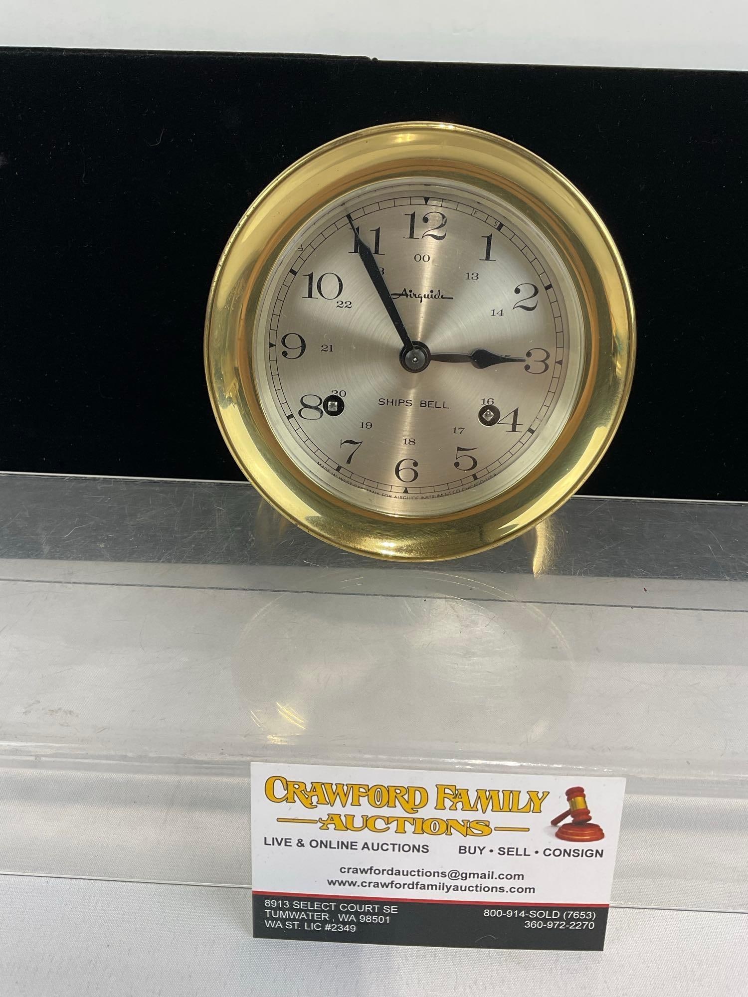 Brass Bulkhead Airguide Ships Bell Clock, 6h x 6w x 4d inches: Appears to be in good shape. The piece measures approx 6h x 6w x 4d inches. See pics. E-5860