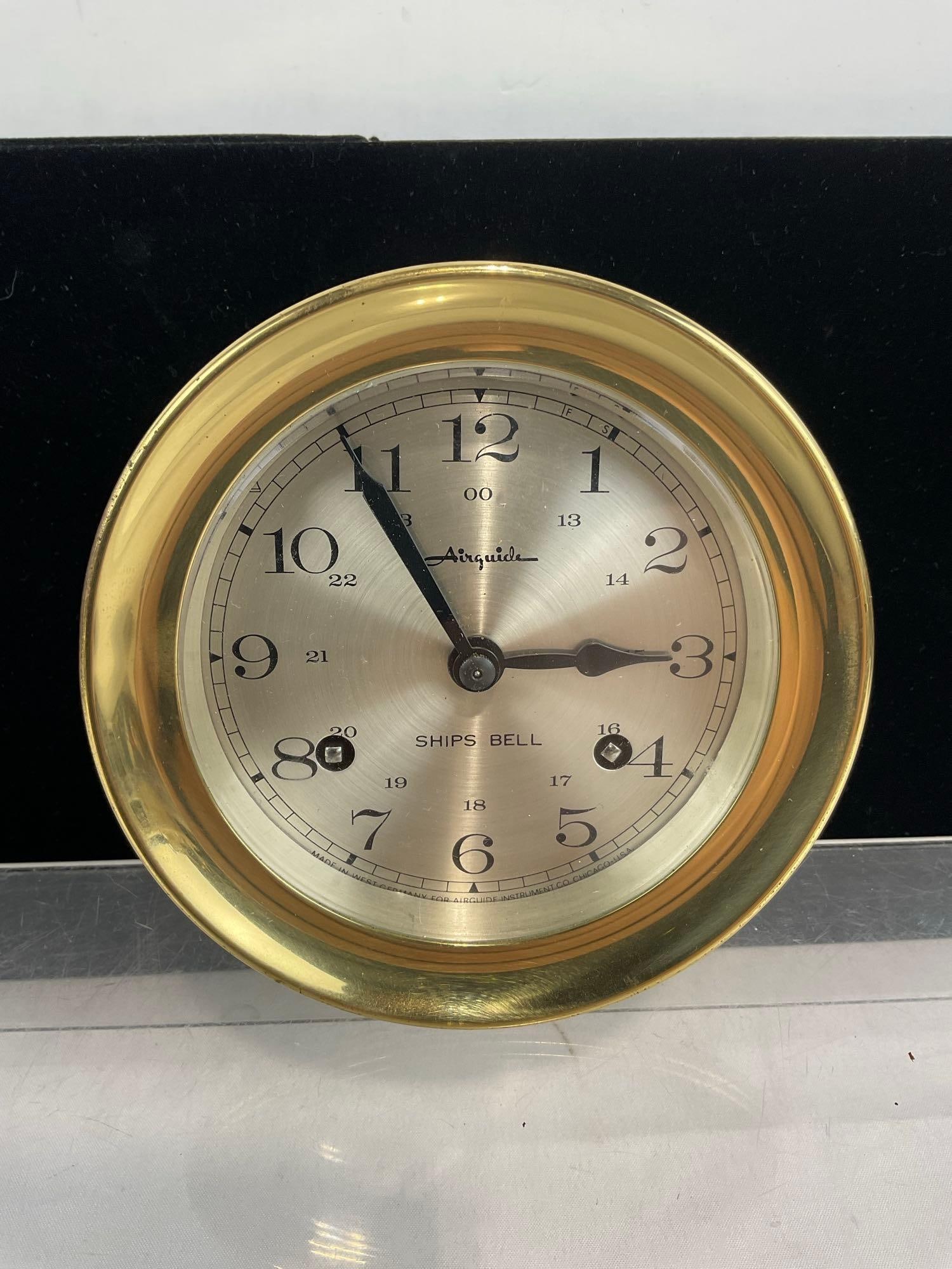 Brass Bulkhead Airguide Ships Bell Clock, 6h x 6w x 4d inches - 2