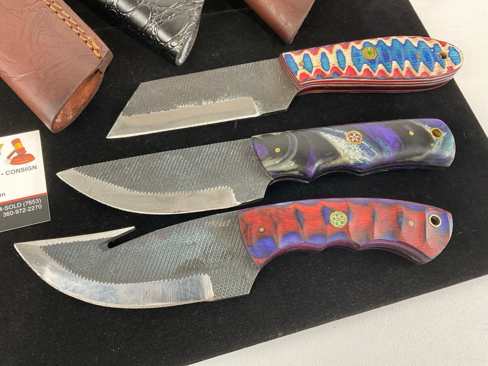 3 Handmade File Metal Knives, Tinted Wood & Resin Handles, & Leather Sheathes - 2
