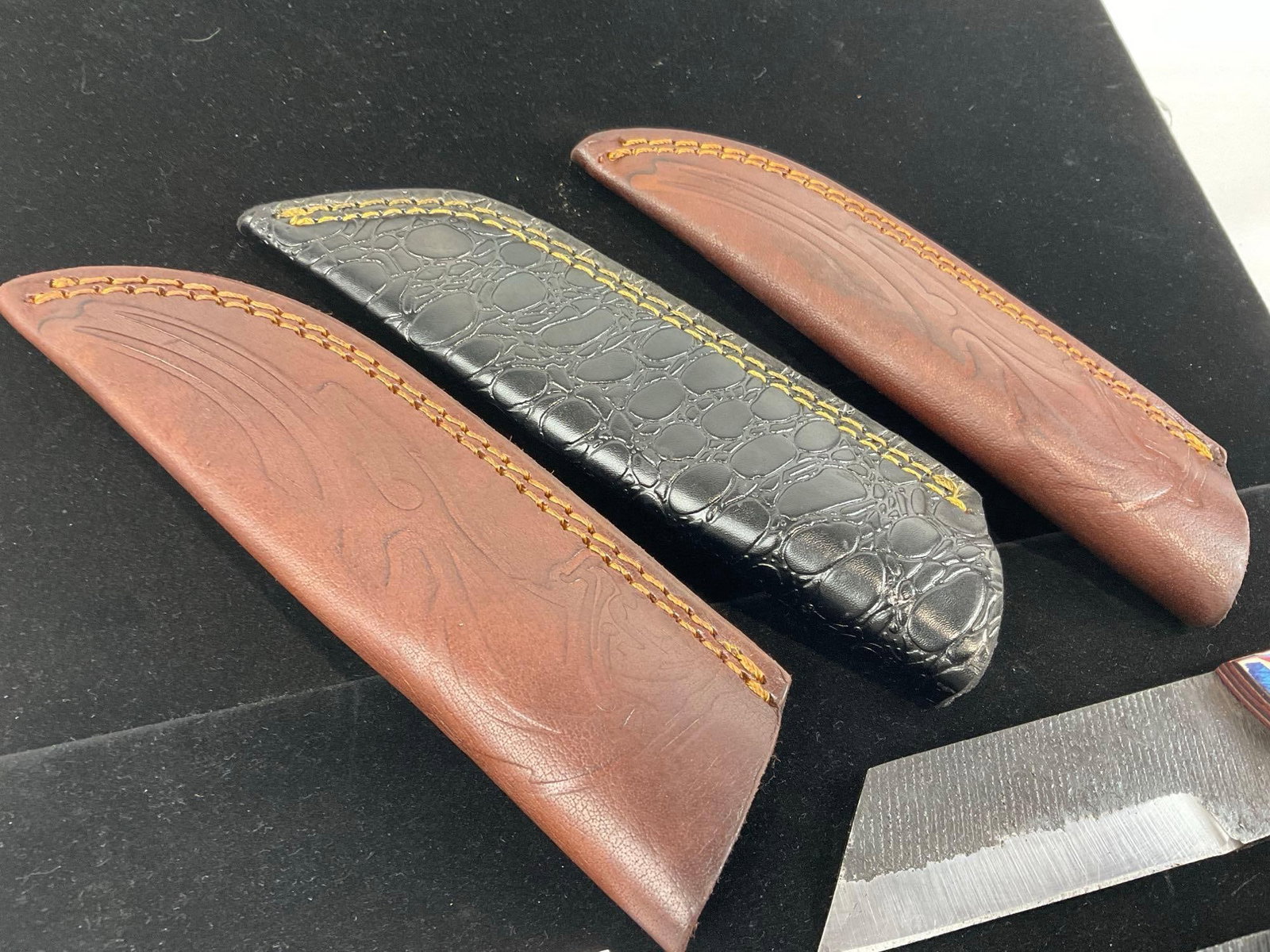 3 Handmade File Metal Knives, Tinted Wood & Resin Handles, & Leather Sheathes - 3