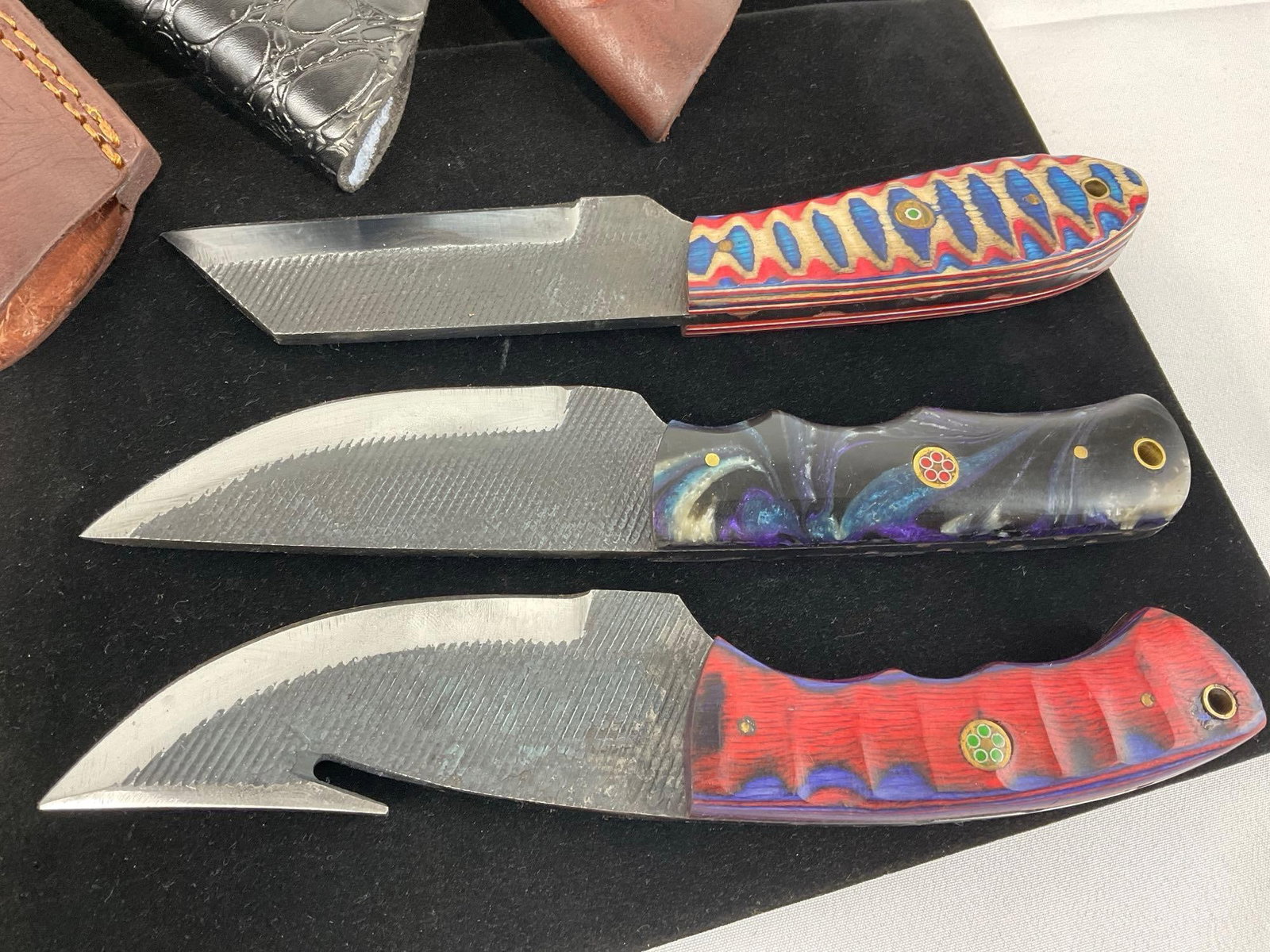 3 Handmade File Metal Knives, Tinted Wood & Resin Handles, & Leather Sheathes - 4