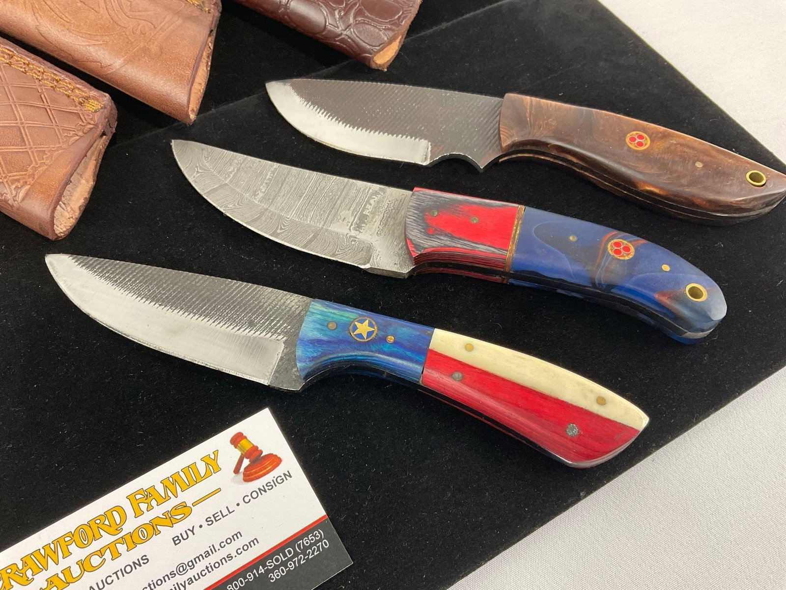 3 Handmade Knives w/Colorful Resin & Tinted Handles, & Leather Sheaths - 2