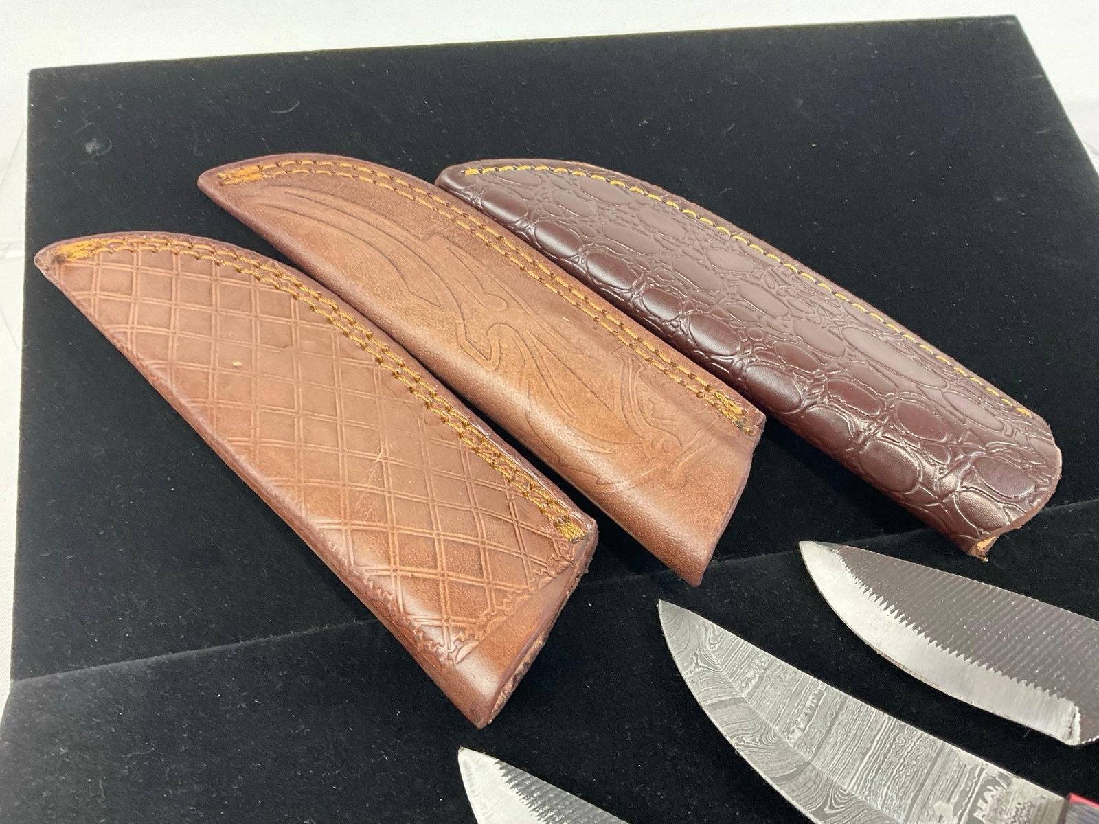 3 Handmade Knives w/Colorful Resin & Tinted Handles, & Leather Sheaths - 3