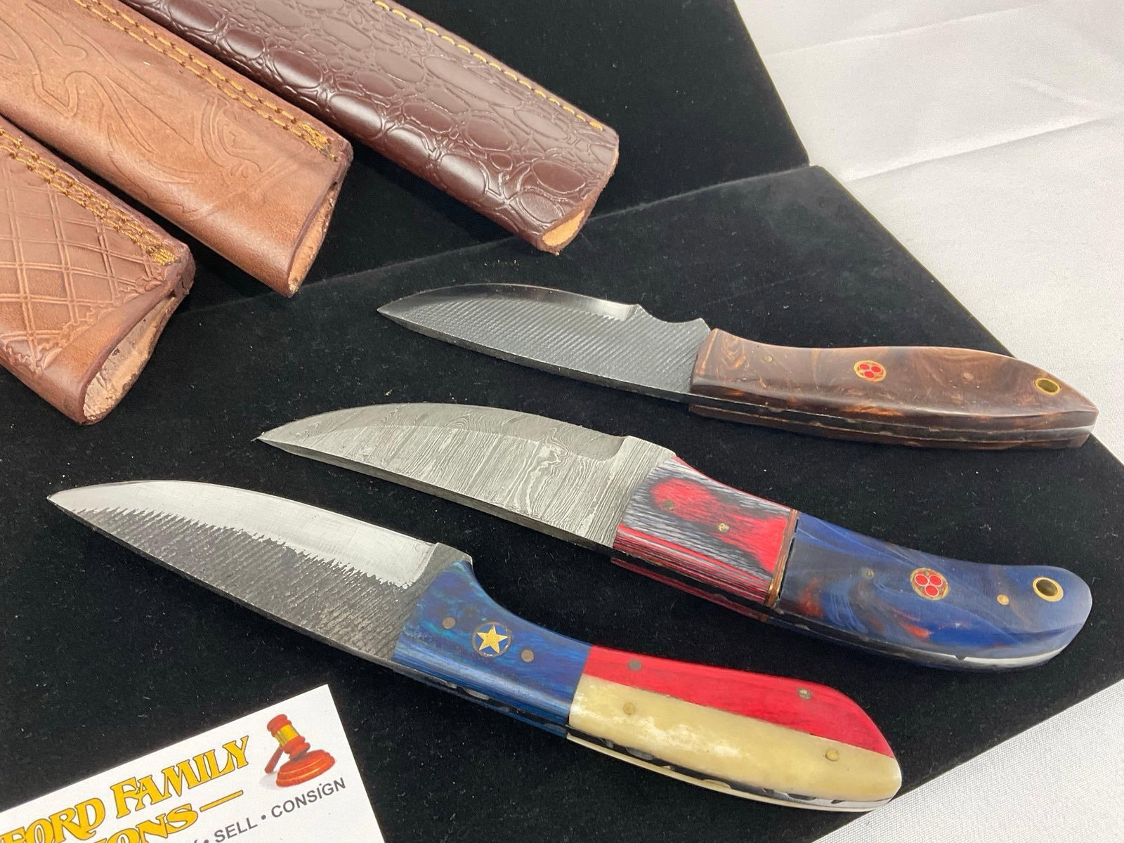 3 Handmade Knives w/Colorful Resin & Tinted Handles, & Leather Sheaths - 4