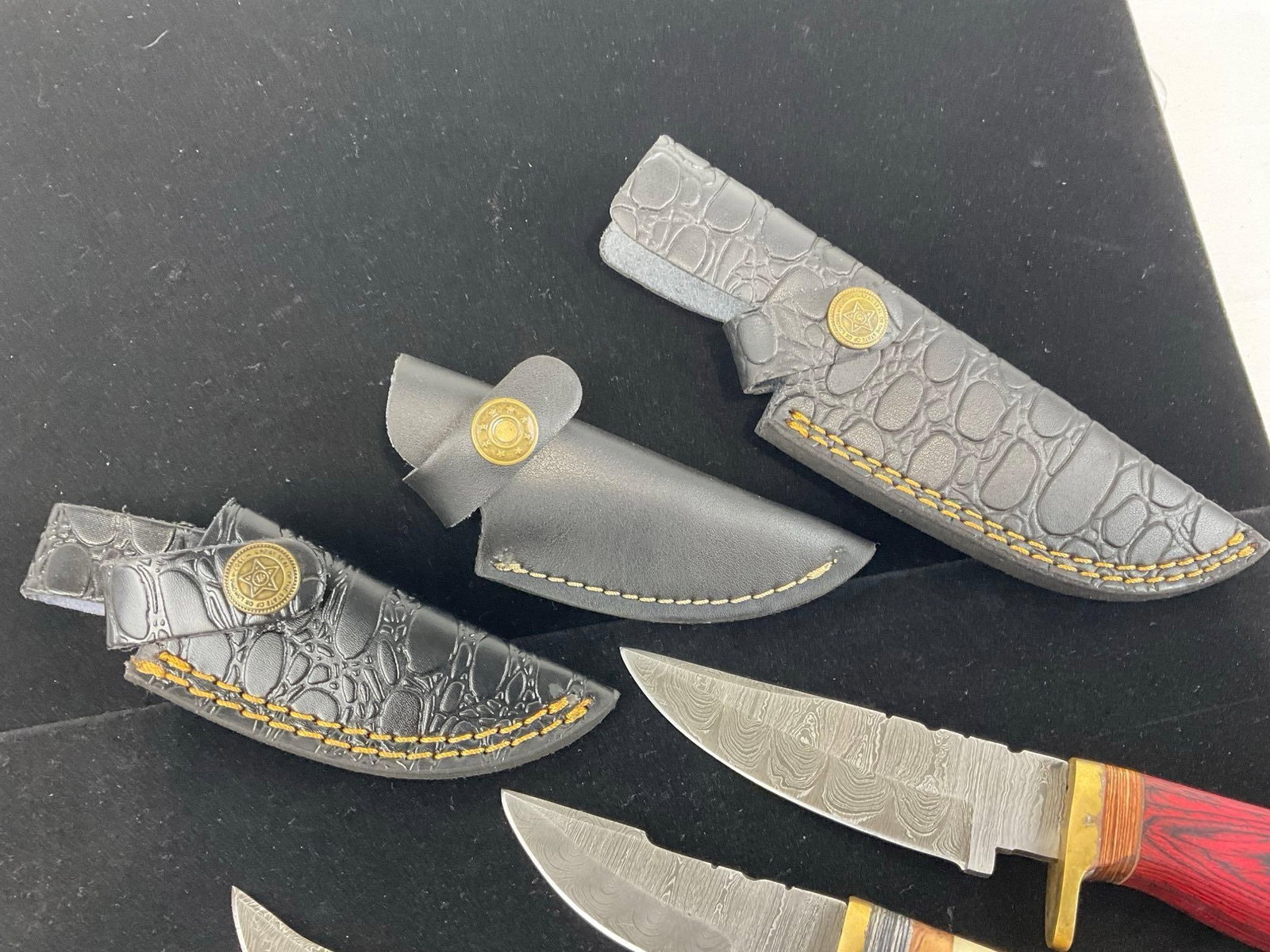 3 Handmade Knives w/Brass Bolsters, Custom Tinted Wood & Resin Handles & Black Leather Sheaths - 2