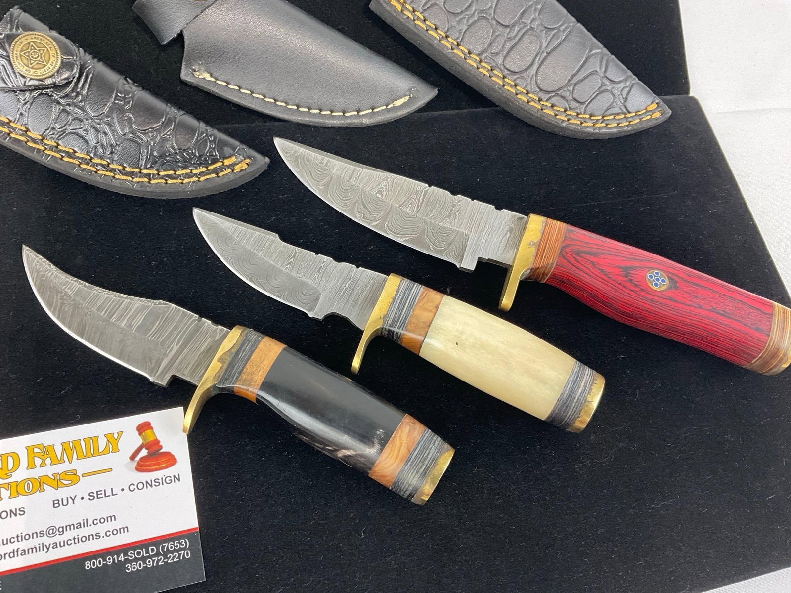 3 Handmade Knives w/Brass Bolsters, Custom Tinted Wood & Resin Handles & Black Leather Sheaths - 3