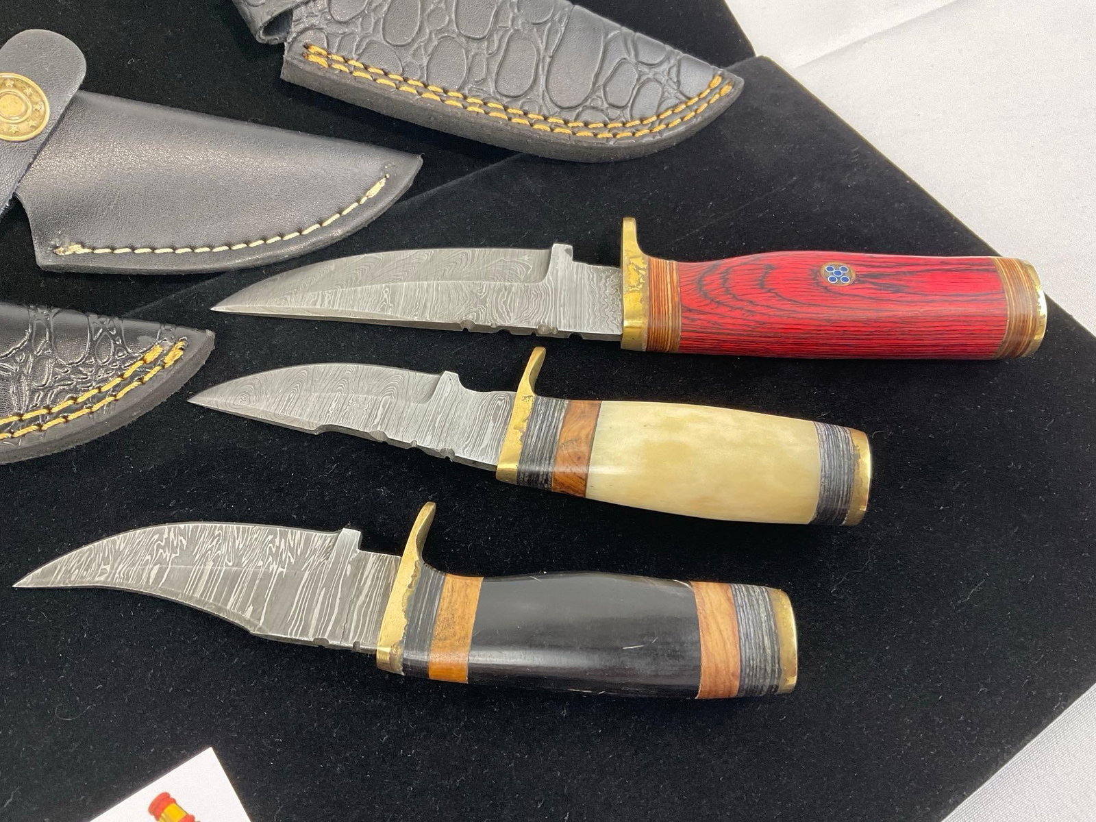 3 Handmade Knives w/Brass Bolsters, Custom Tinted Wood & Resin Handles & Black Leather Sheaths - 4