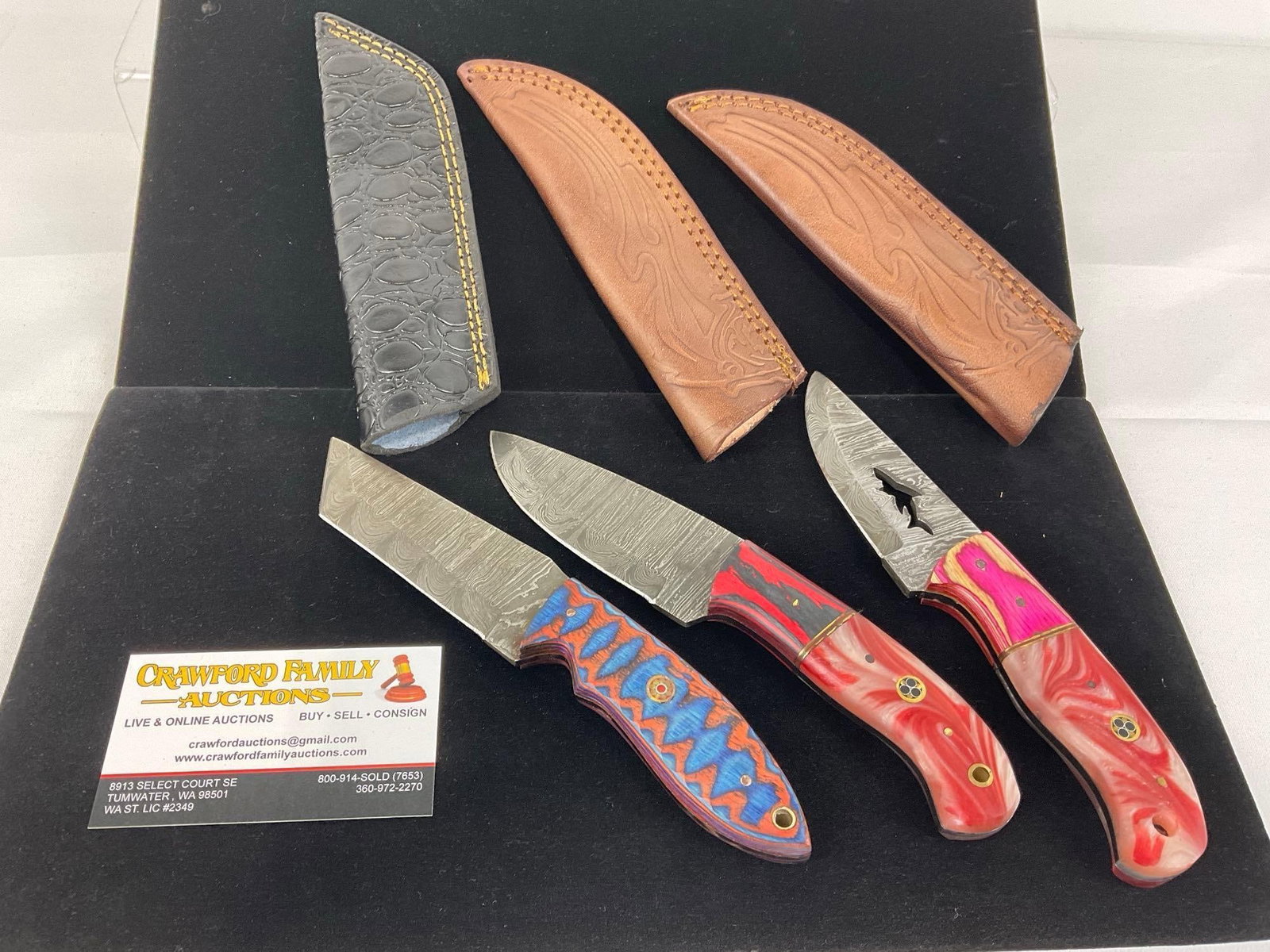 Set of 3 Damascus style blade Knives, Tinted Wood & Resin Handles, & Leather Sheaths: Appears to be in good shape. The piece measures approx 10h x 4w x 4d inches. See pics. E-3440