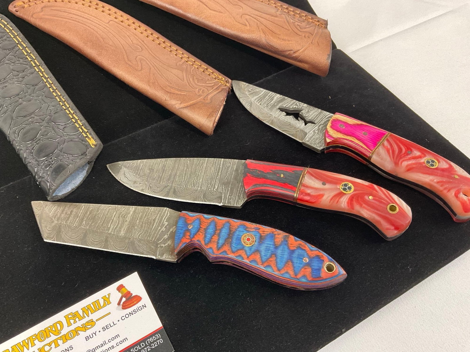 Set of 3 Damascus style blade Knives, Tinted Wood & Resin Handles, & Leather Sheaths - 2